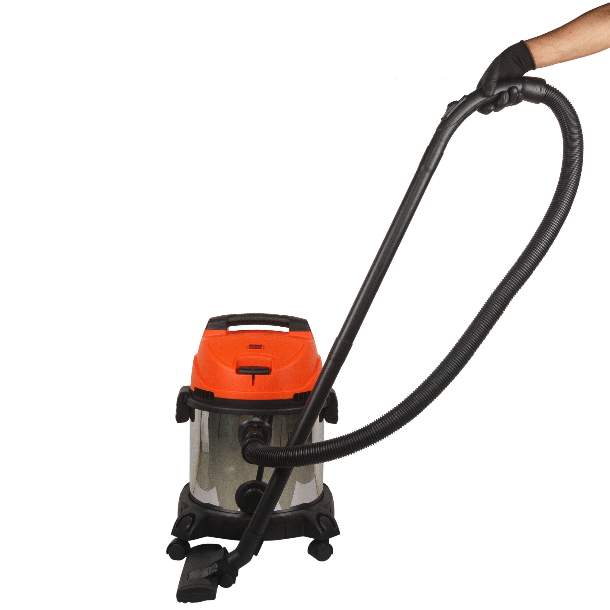 BLACKDECKER WDBDS20 wet and dry vacuum cleaner with orange top, large hose, and wheels, angled view on white background.