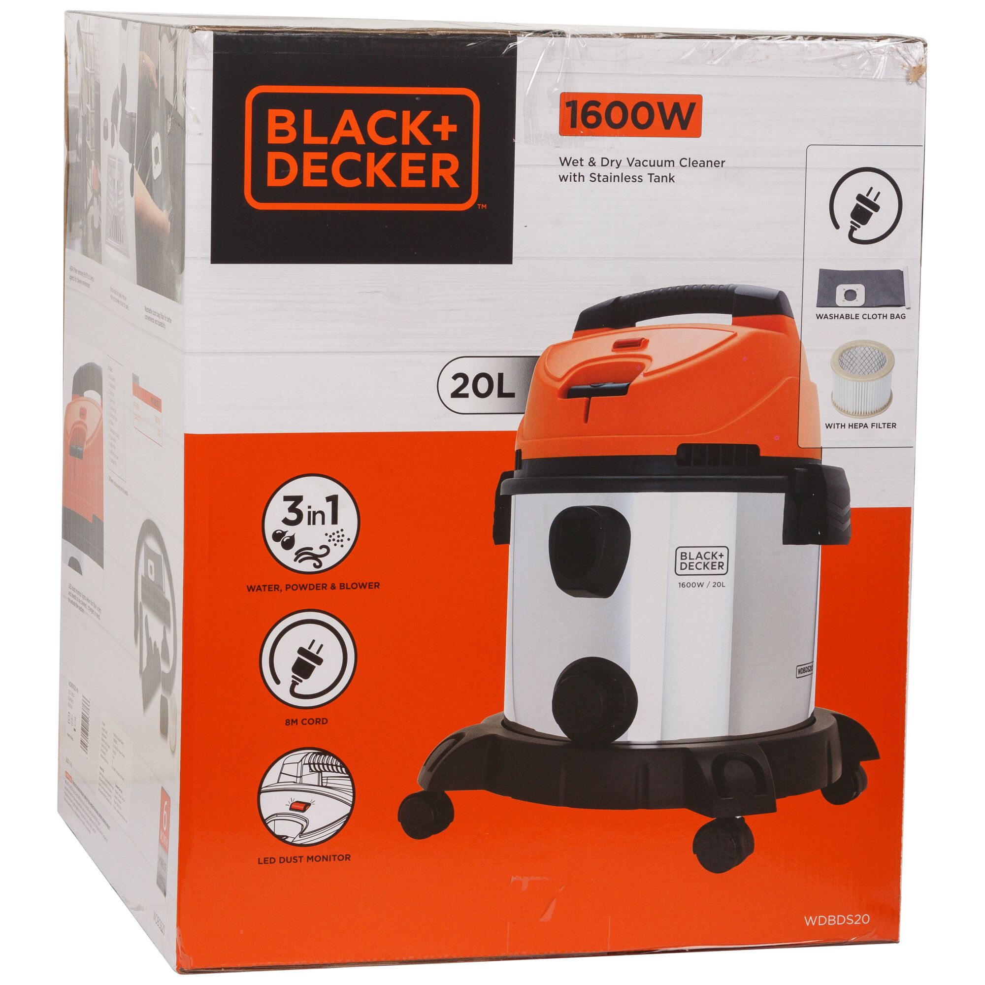 BLACK+DECKER WDBDS20 wet and dry vacuum cleaner box, orange and silver, 1600W, 20L, front angle.