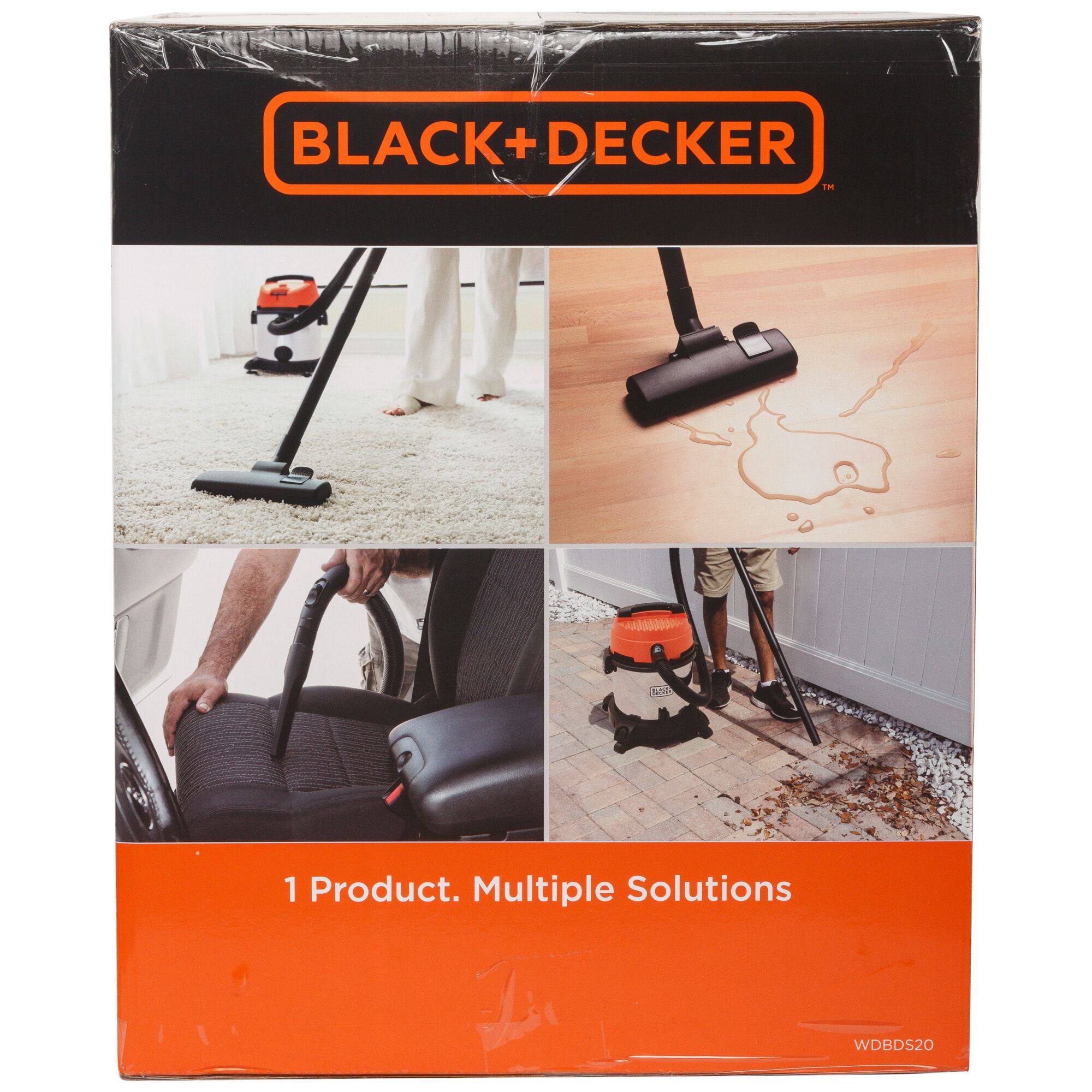 BLACK+DECKER WDBDS20 vacuum cleaner shown cleaning carpet, floor spills, car seats, and outdoor debris.