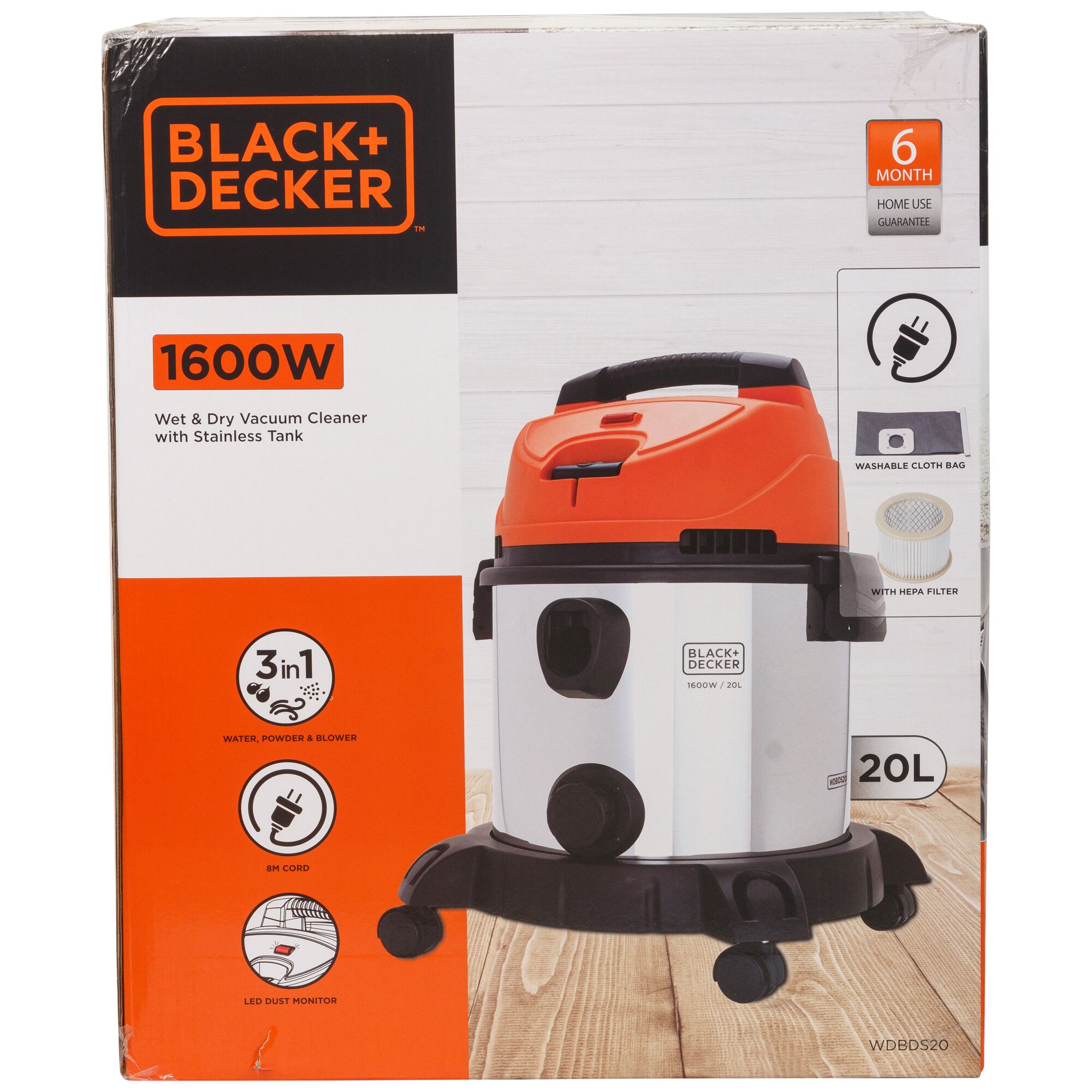BLACK+DECKER WDBDS20 1600W wet and dry vacuum cleaner with stainless tank, 20L capacity, front view photo.