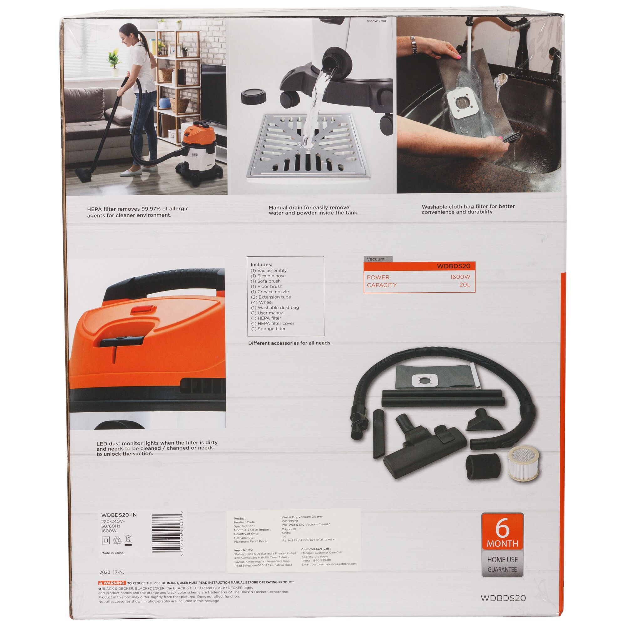BLACKDECKER WDBDS20 vacuum cleaner packaging showing product features, accessories, and specifications, rear angle.
