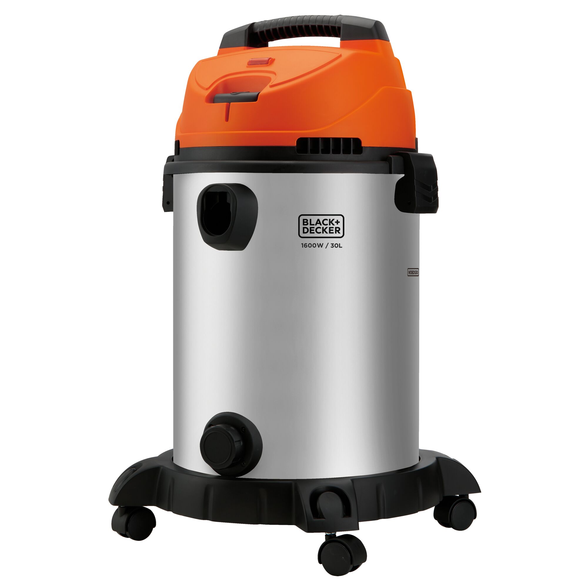 BLACKDECKER WDBDS30 wet and dry vacuum cleaner, silver body, orange top, photographed from front on white background.
