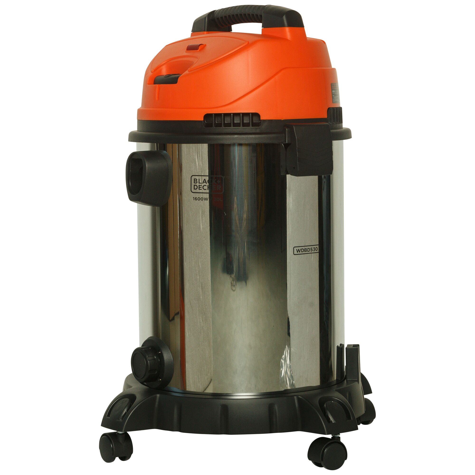 BLACKDECKER WDBDS30 wet and dry vacuum cleaner, stainless steel body, orange top, side angle.