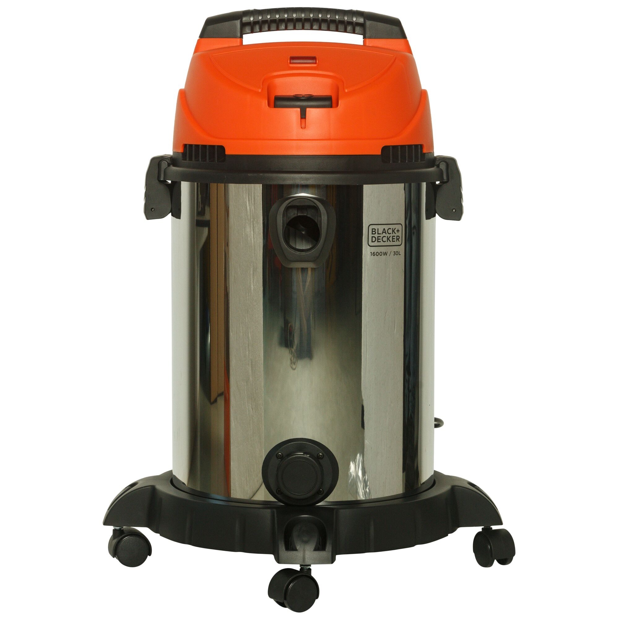 BLACKDECKER WDBDS30 stainless steel wet dry vacuum front angle with orange top and caster wheels.