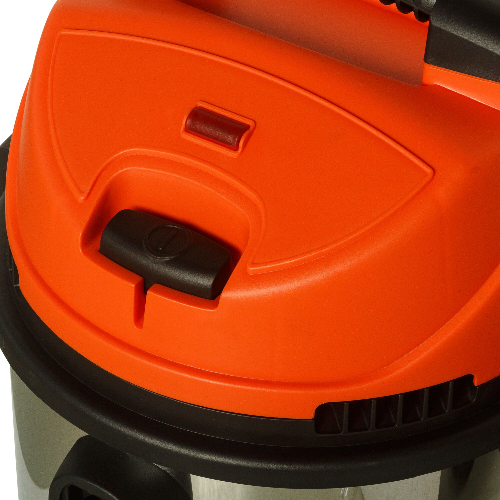 BLACKDECKER WDBDS30 wet and dry vacuum orange lid detail, angled product photo.