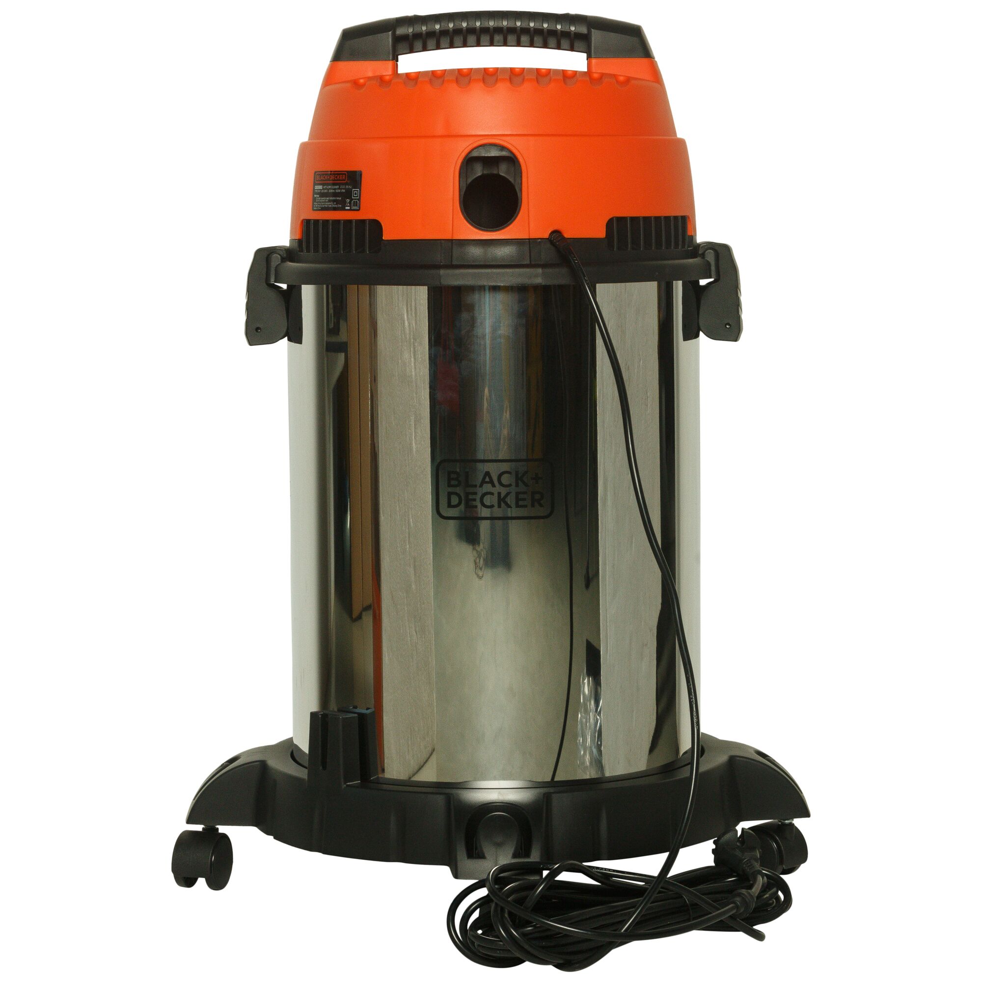 BLACKDECKER WDBDS30 wet and dry vacuum cleaner front angle with orange top and stainless steel body.