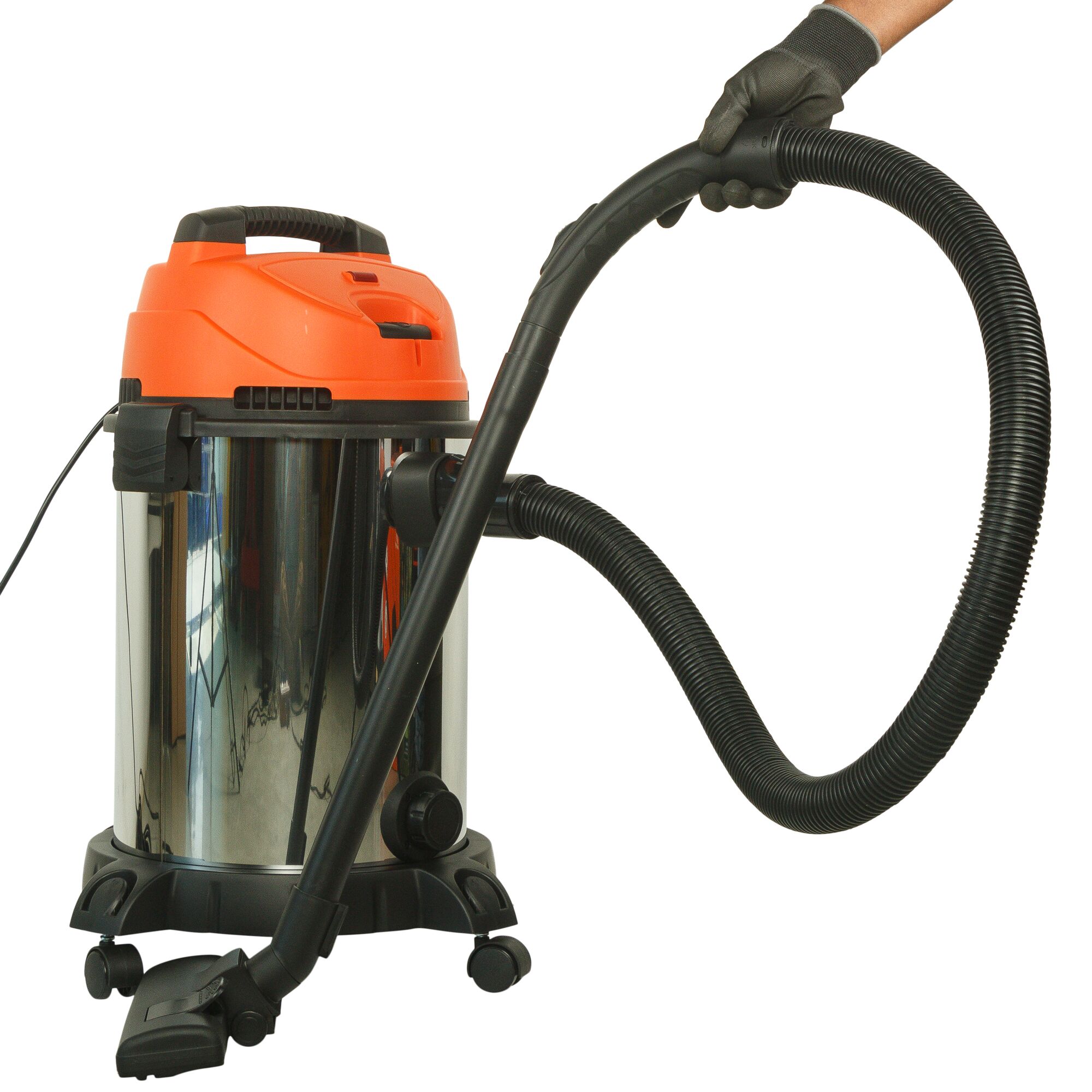 BLACKDECKER WDBDS30 wet and dry vacuum cleaner, silver and orange, front angle, with hose attachment