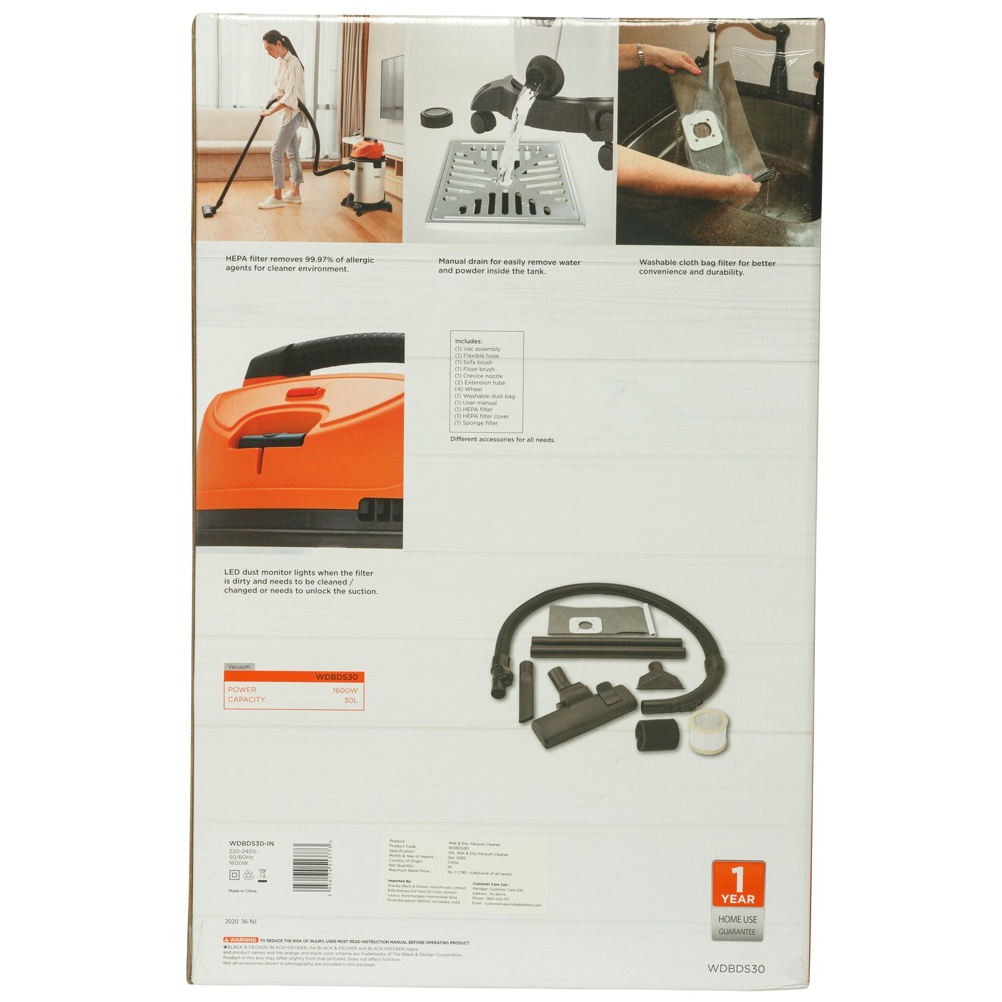Photo of BLACKDECKER WDBDS30 vacuum cleaner box back showing features, accessories, technical specs, and 1 year guarantee.