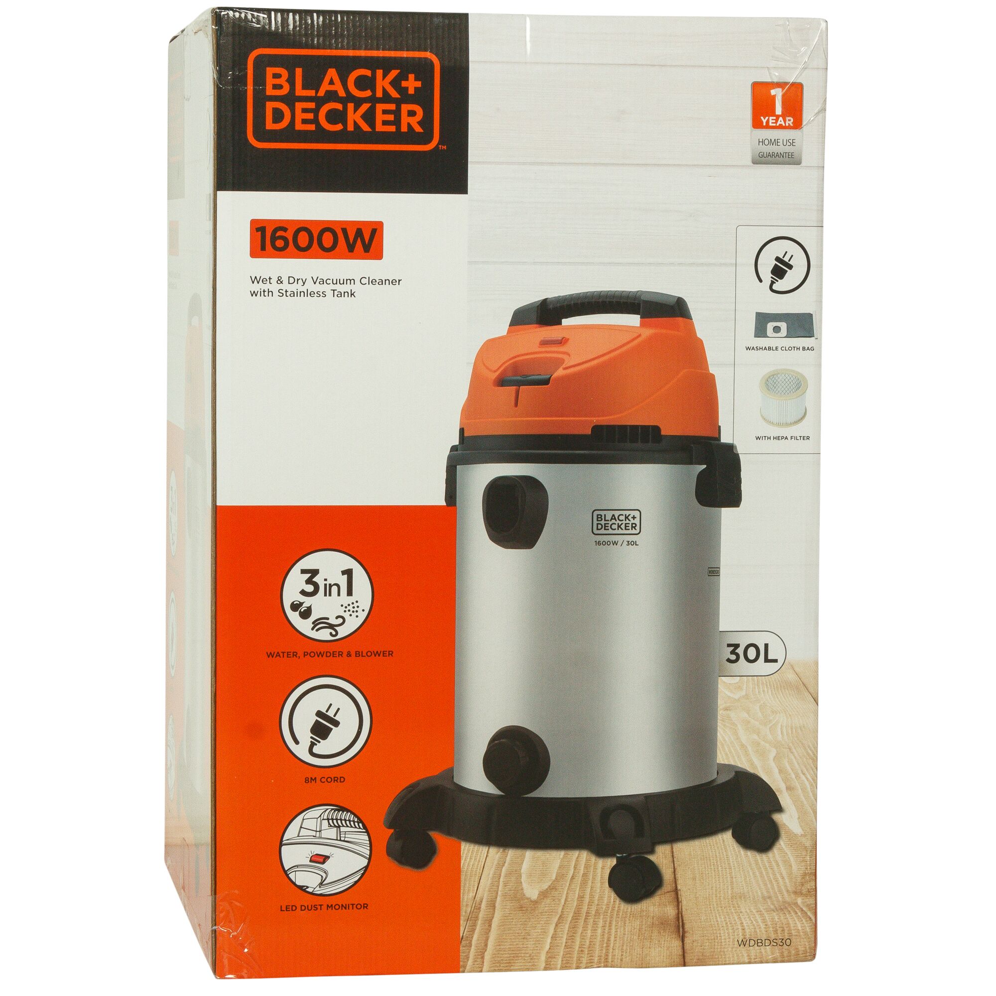 Front view photo of BLACKDECKER WDBDS30 wet and dry vacuum cleaner with orange lid, stainless tank, 1600W, 30L.