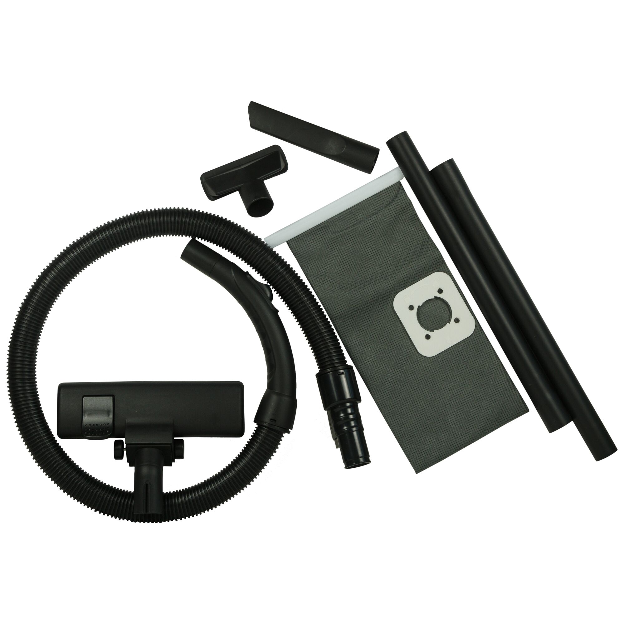 BLACKDECKER WDBDS30 vacuum cleaner accessories set with hose, nozzles, tubes, and dust bag, top view.