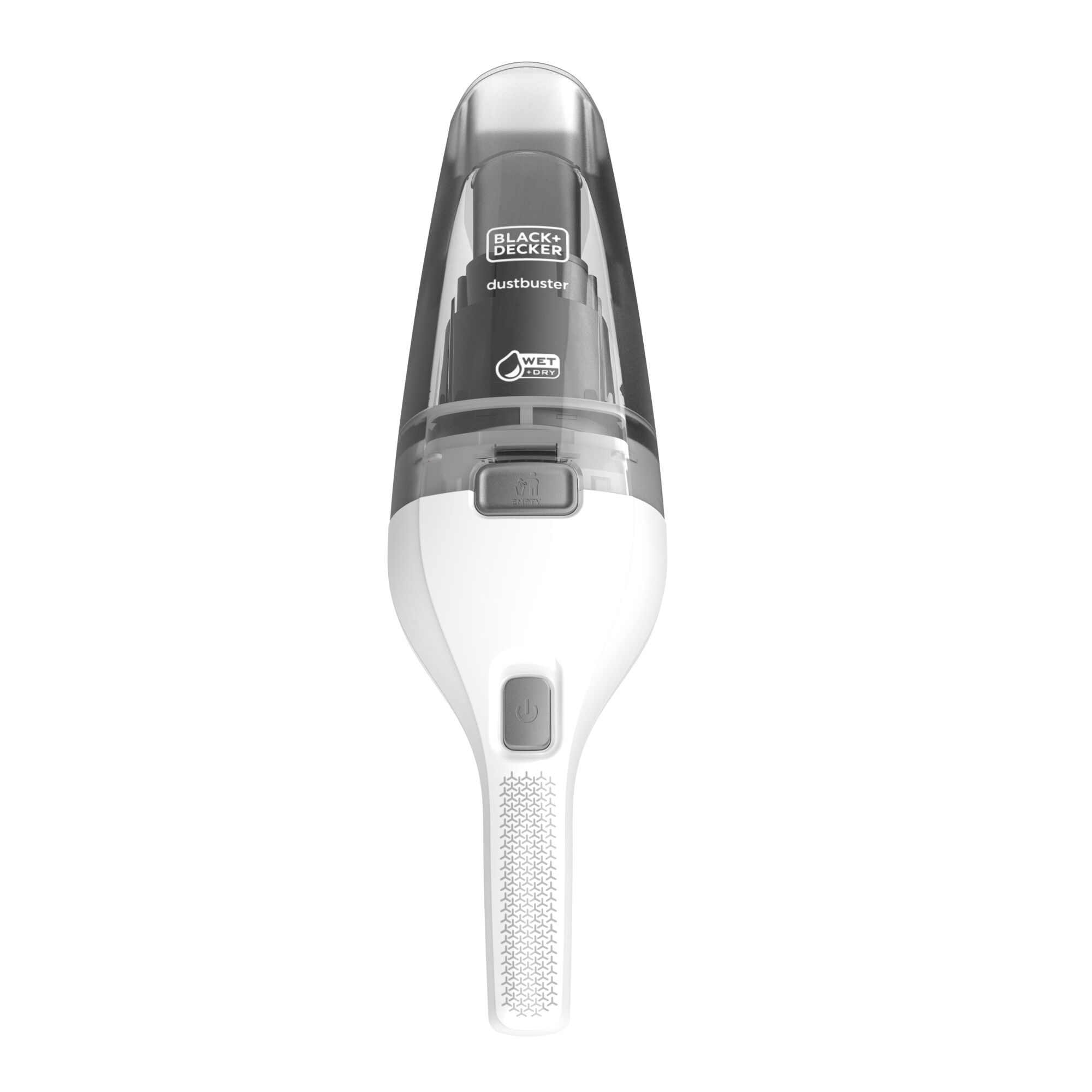 BLACK+DECKER WDC115W handheld vacuum cleaner, white and grey, front view on white background.