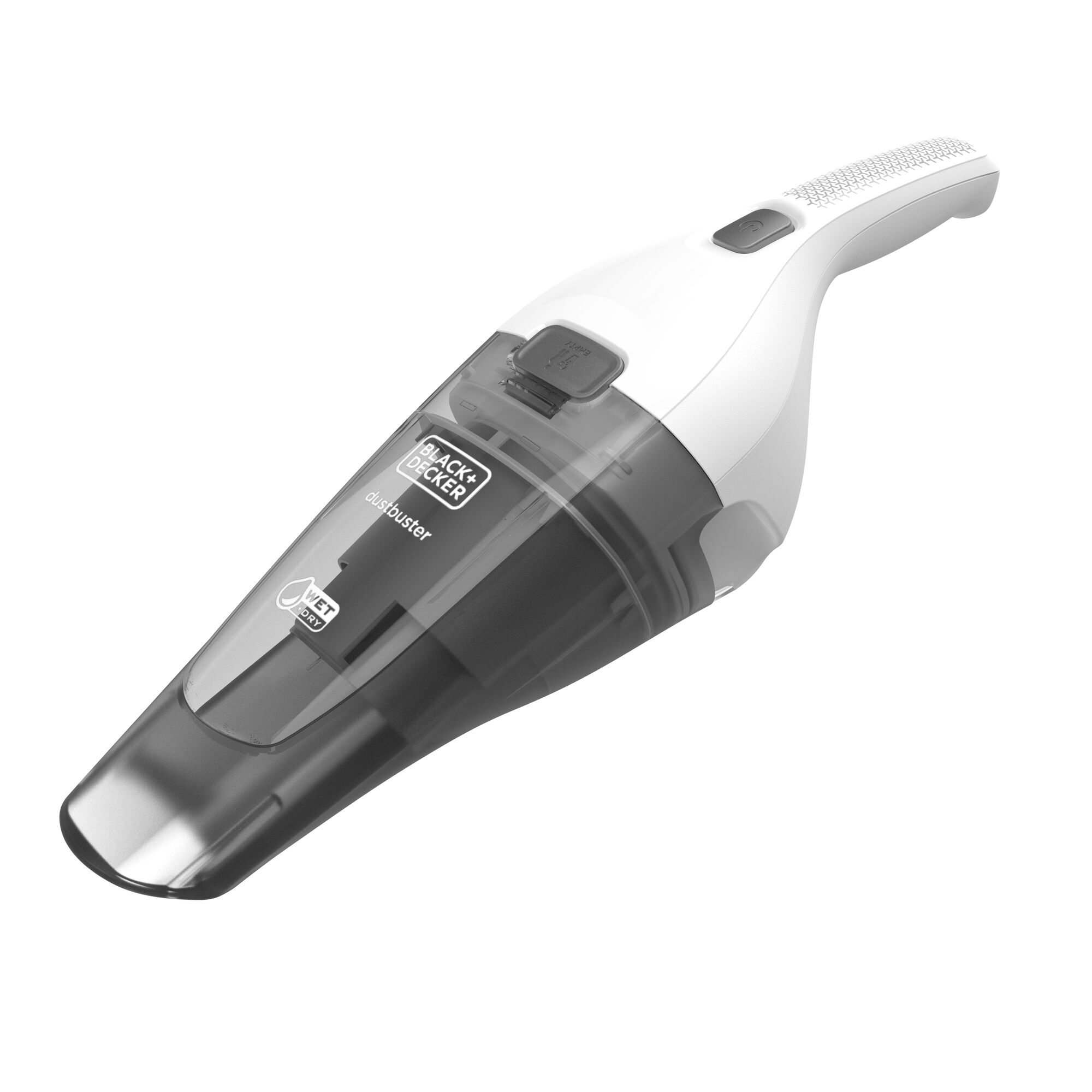 BLACKDECKER WDC115W handheld vacuum cleaner, white and black, side angle on white background.