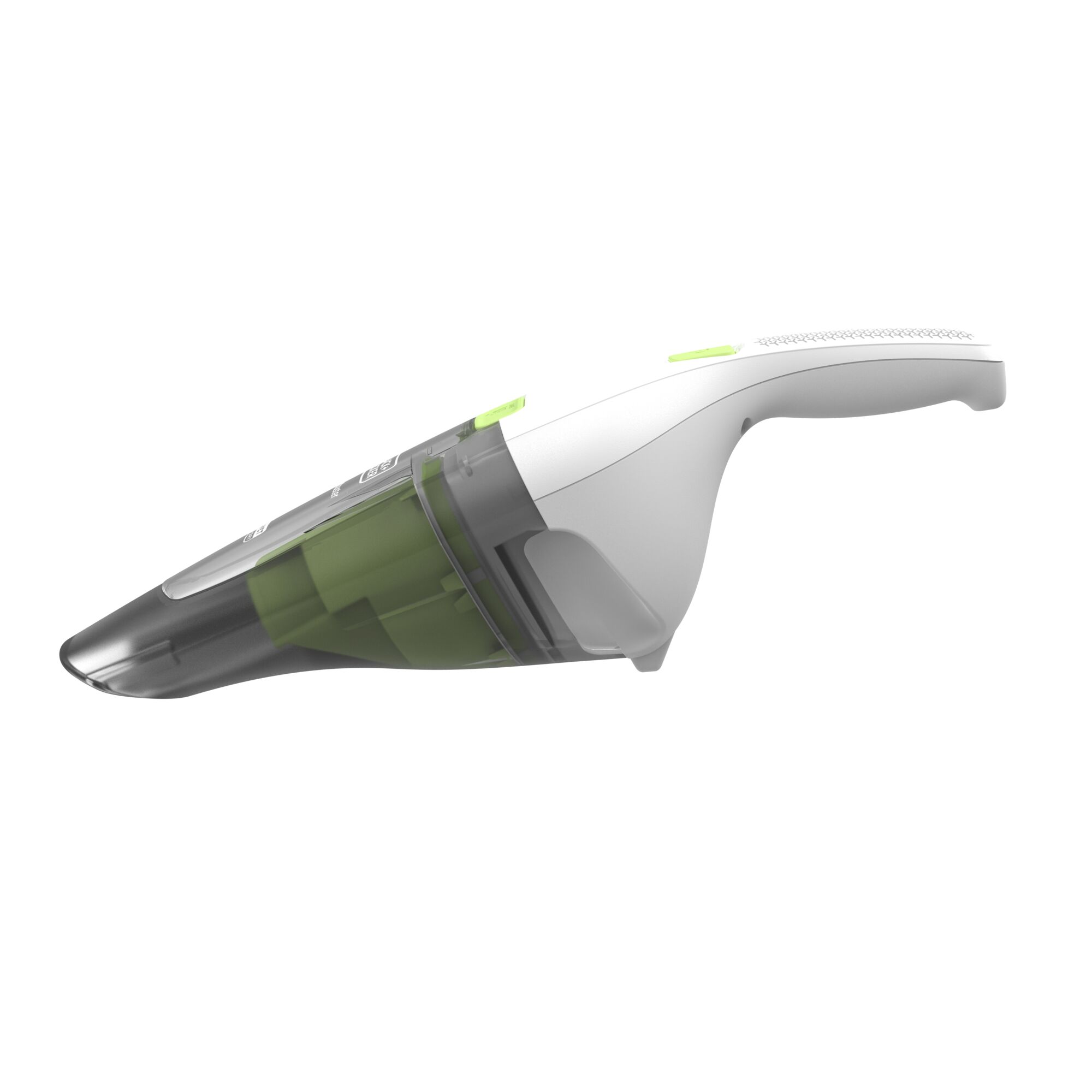BLACKDECKER WDC215G handheld vacuum cleaner, side view, white and green design, photography on white background.
