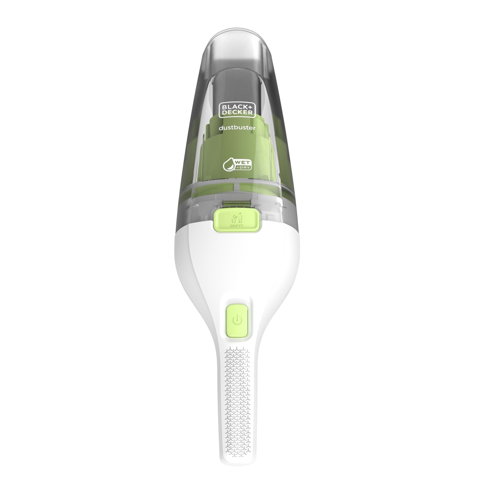 BLACK+DECKER WDC215G handheld vacuum, white and green, front view on white background.