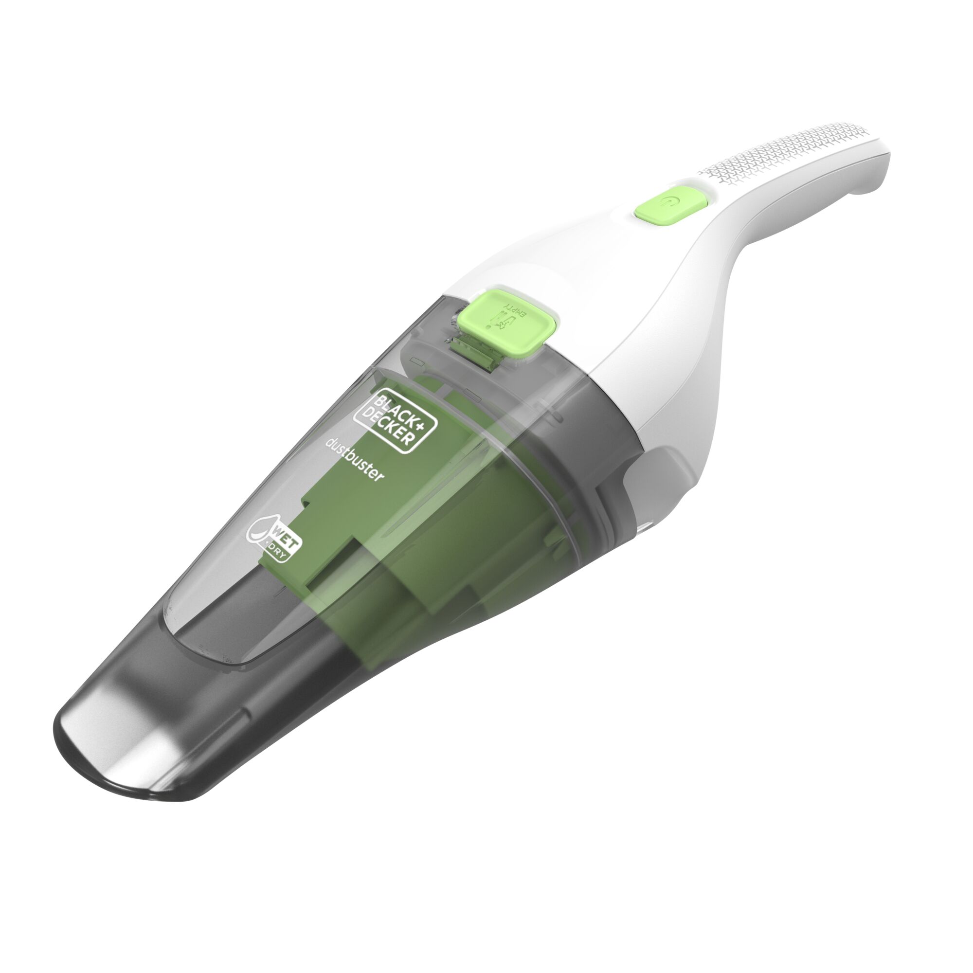 BLACKDECKER WDC215G handheld vacuum cleaner angled view, green and white body with clear nozzle.
