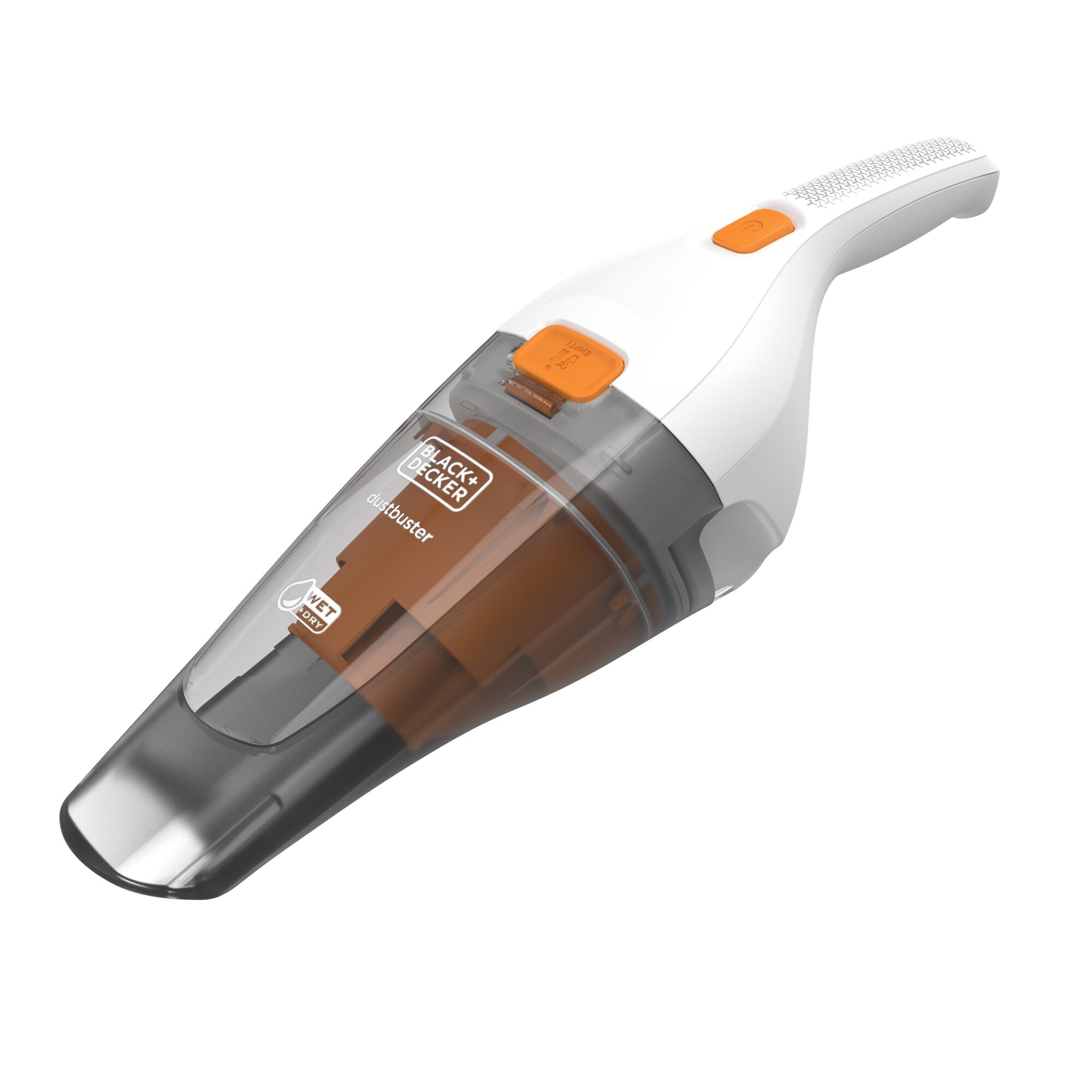 BLACK+DECKER WDC215O handheld vacuum with orange buttons, clear dust chamber, side angle on white background.