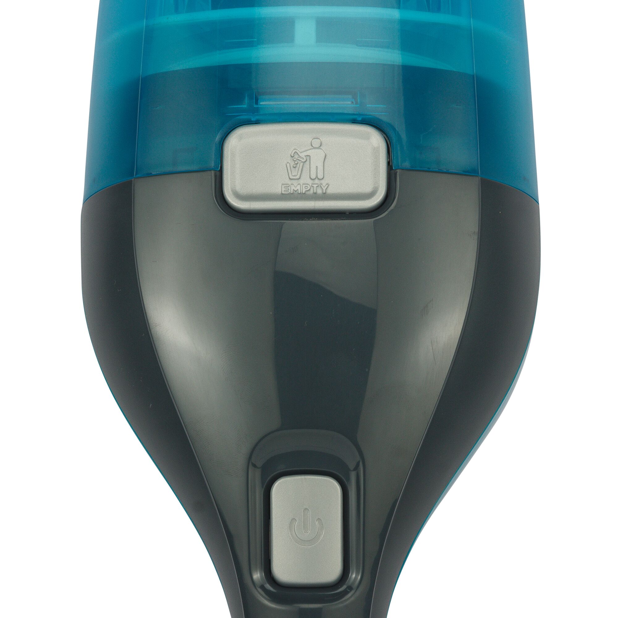 BLACKDECKER WDC215WA handheld vacuum front view with blue dust container and two silver buttons.