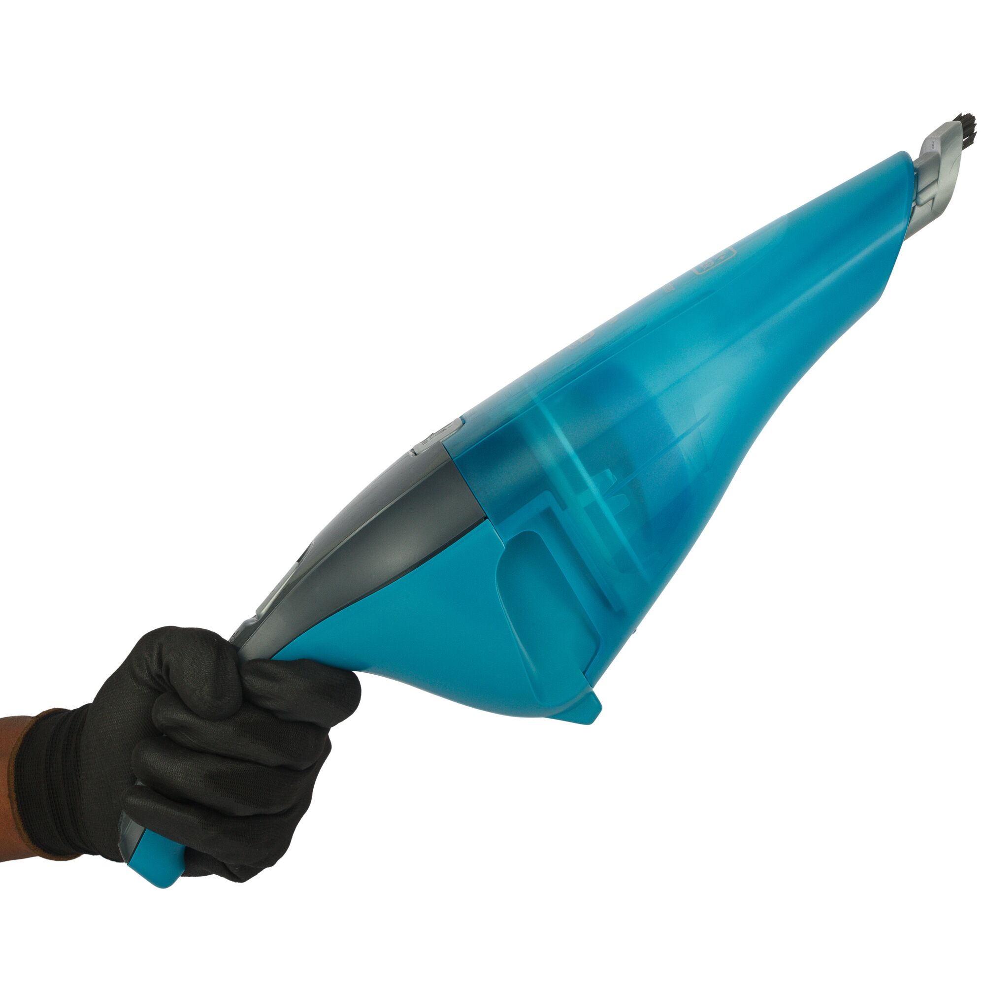 BLACKDECKER WDC215WA handheld vacuum cleaner, blue and gray, side angle, shown held in a gloved hand.