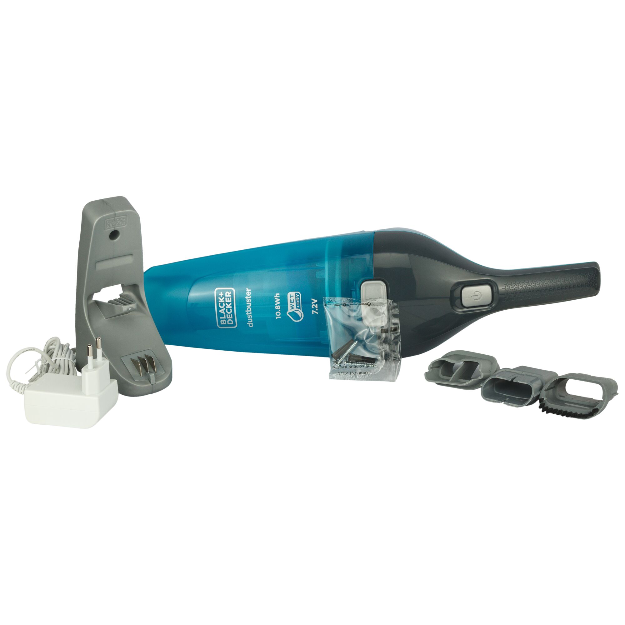 BLACKDECKER WDC215WA handheld vacuum with charger, stand, and accessories, side angle, white background.