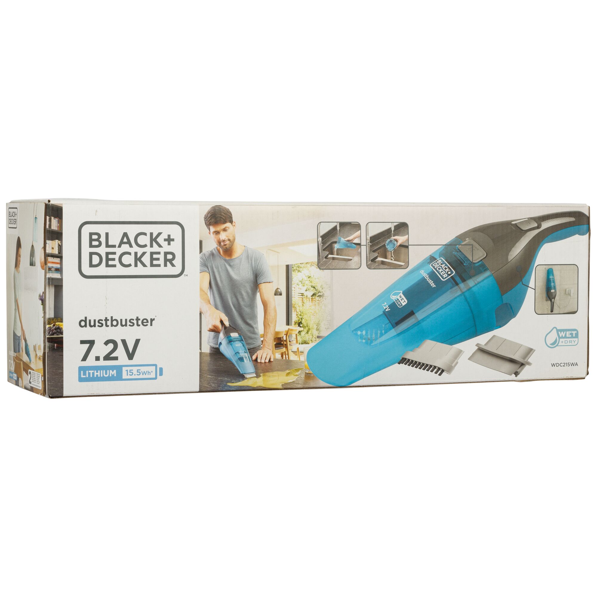 Photo of BLACK+DECKER WDC215WA blue handheld dustbuster vacuum 7.2V on product packaging, white background.