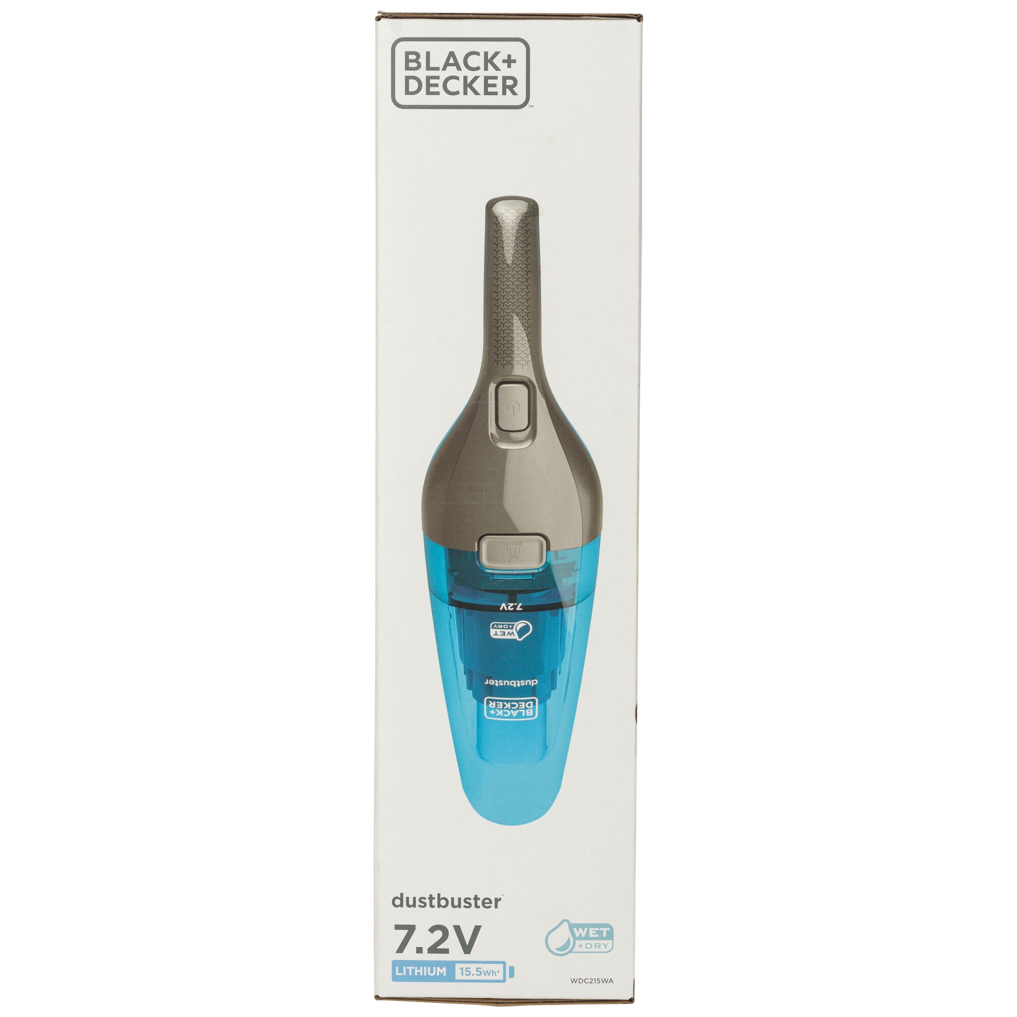 Front angle photo of BLACKDECKER WDC215WA 7.2V dustbuster hand vacuum in blue and gray packaging.