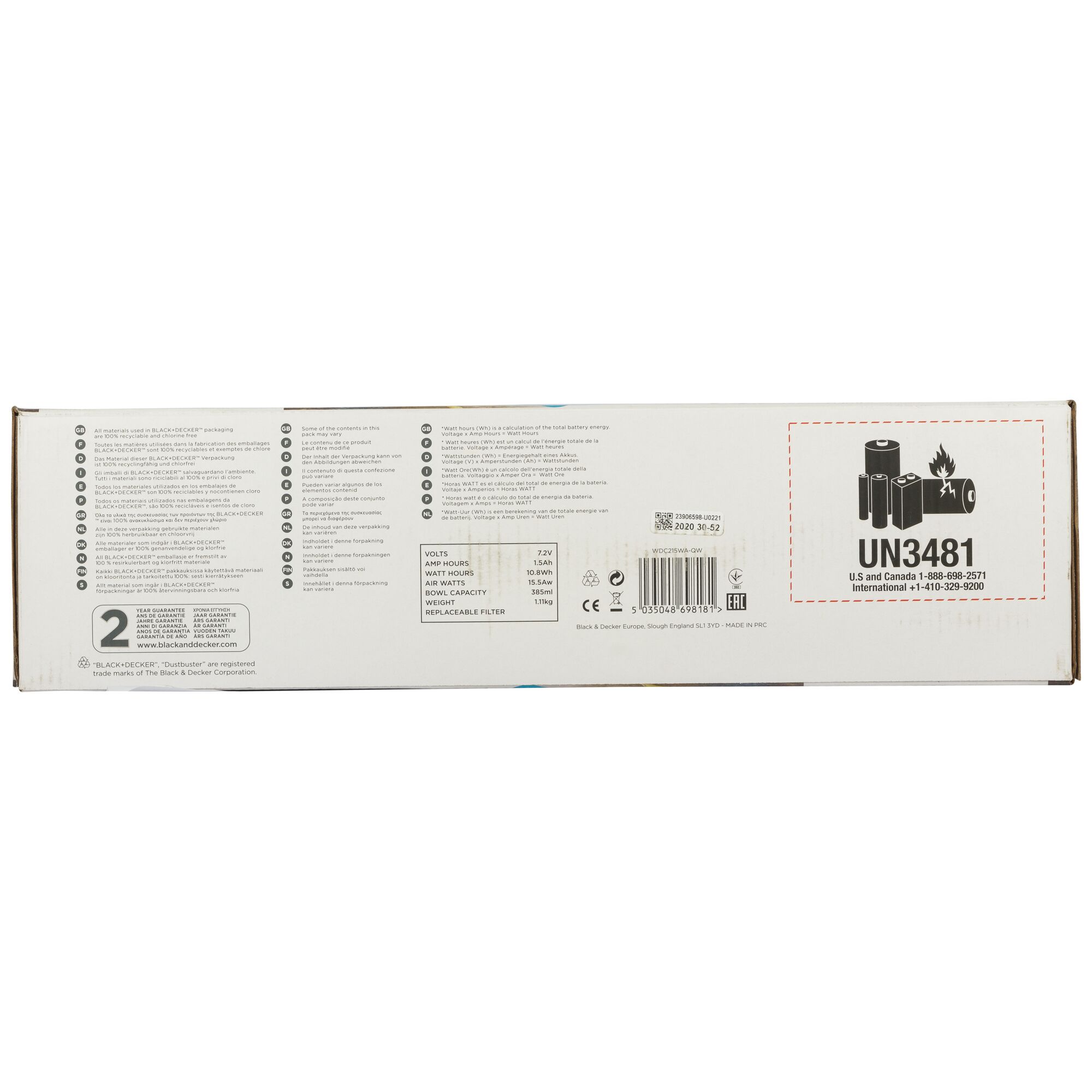 BLACKDECKER WDC215WA product box back view, white packaging with specifications, barcode, and battery safety icon.
