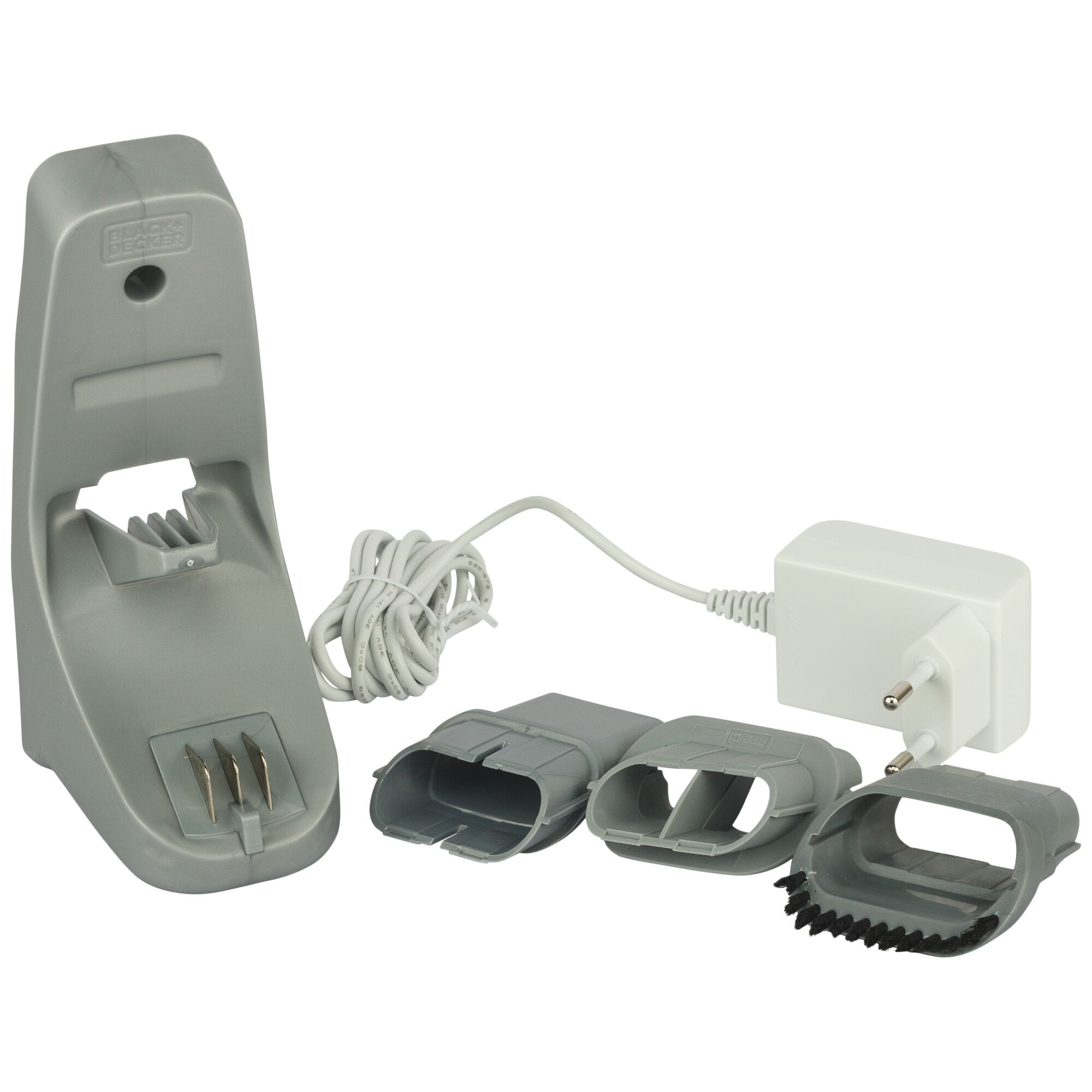 BLACKDECKER WDC215WA vacuum charger and three grey nozzle attachments on white background, front angle.