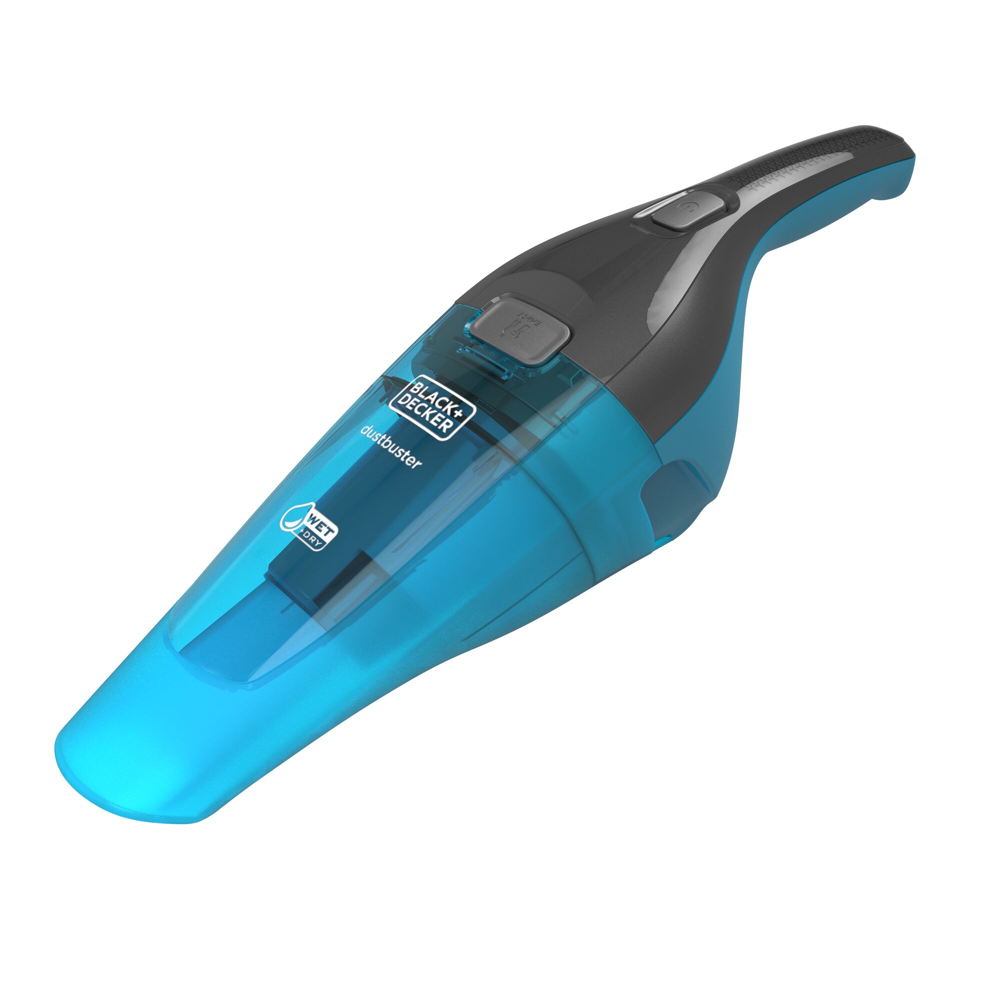 BLACKDECKER WDC215WB handheld vacuum cleaner with blue nozzle, side angle, white background.