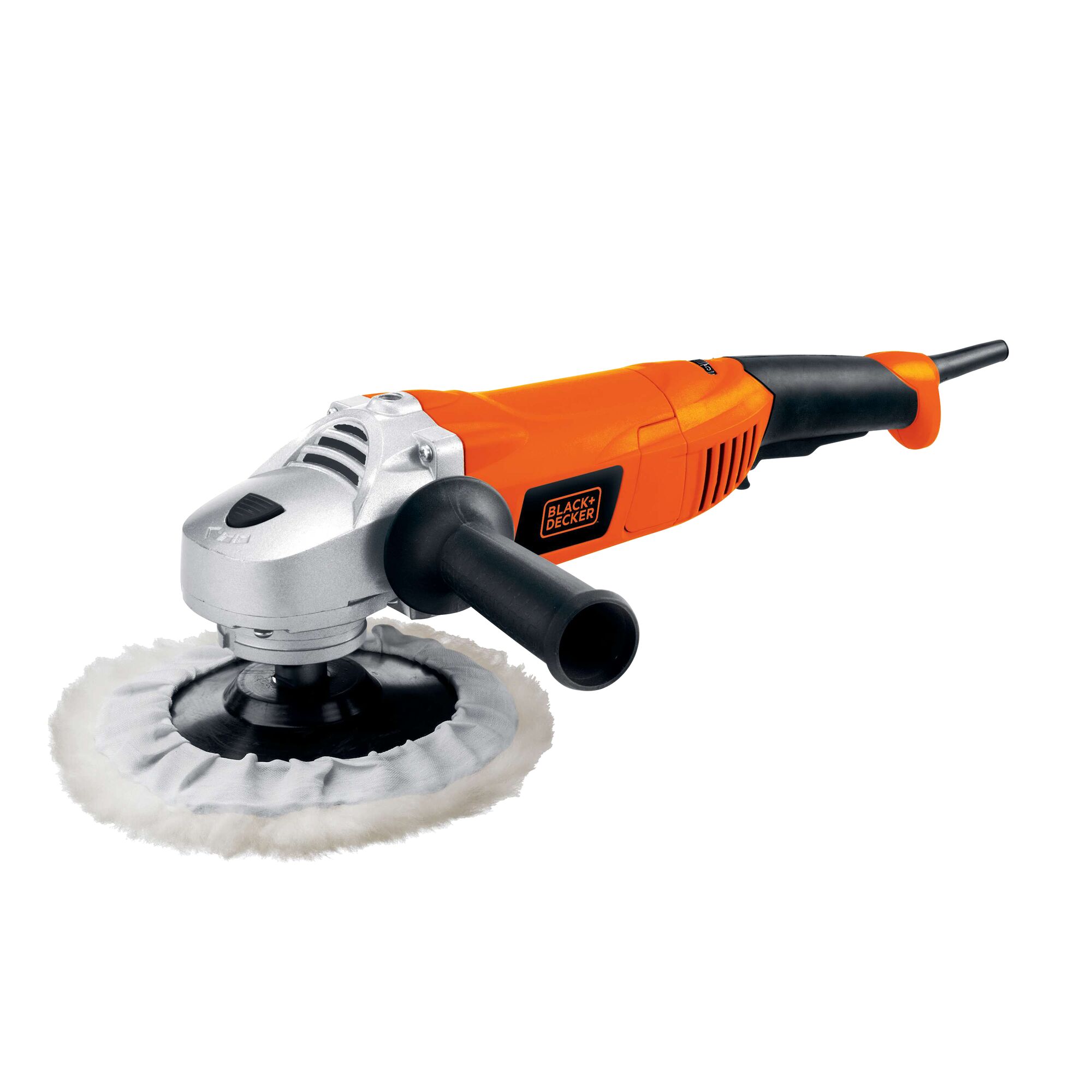 BLACKDECKER WP1500K orange electric polisher with side handle, photography, front angle on white background.