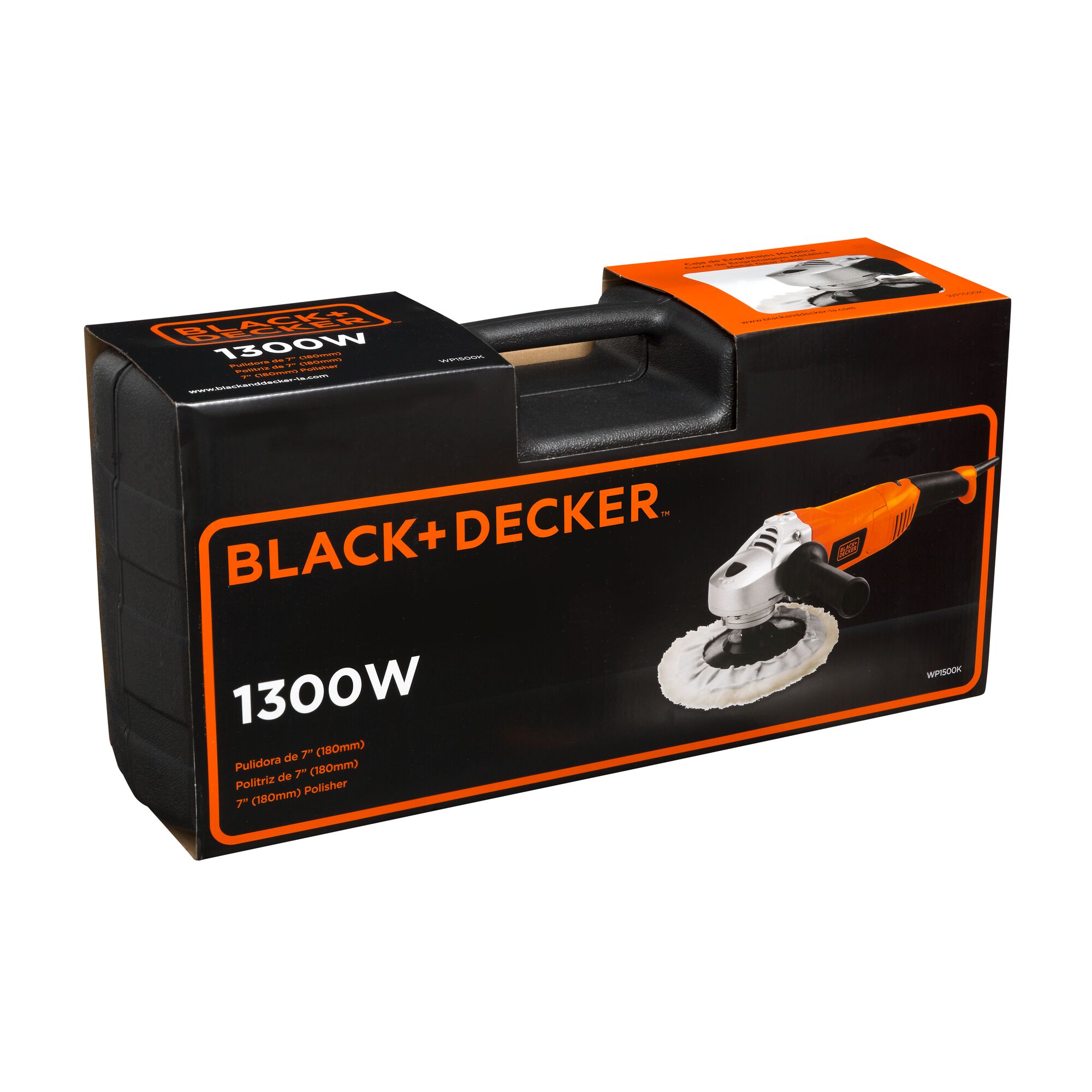 Box of a BLACK+DECKER 1300W polisher tool, showing a picture of the orange and black polisher with a handle and polishing pad. The box features branding and specifications in multiple languages.