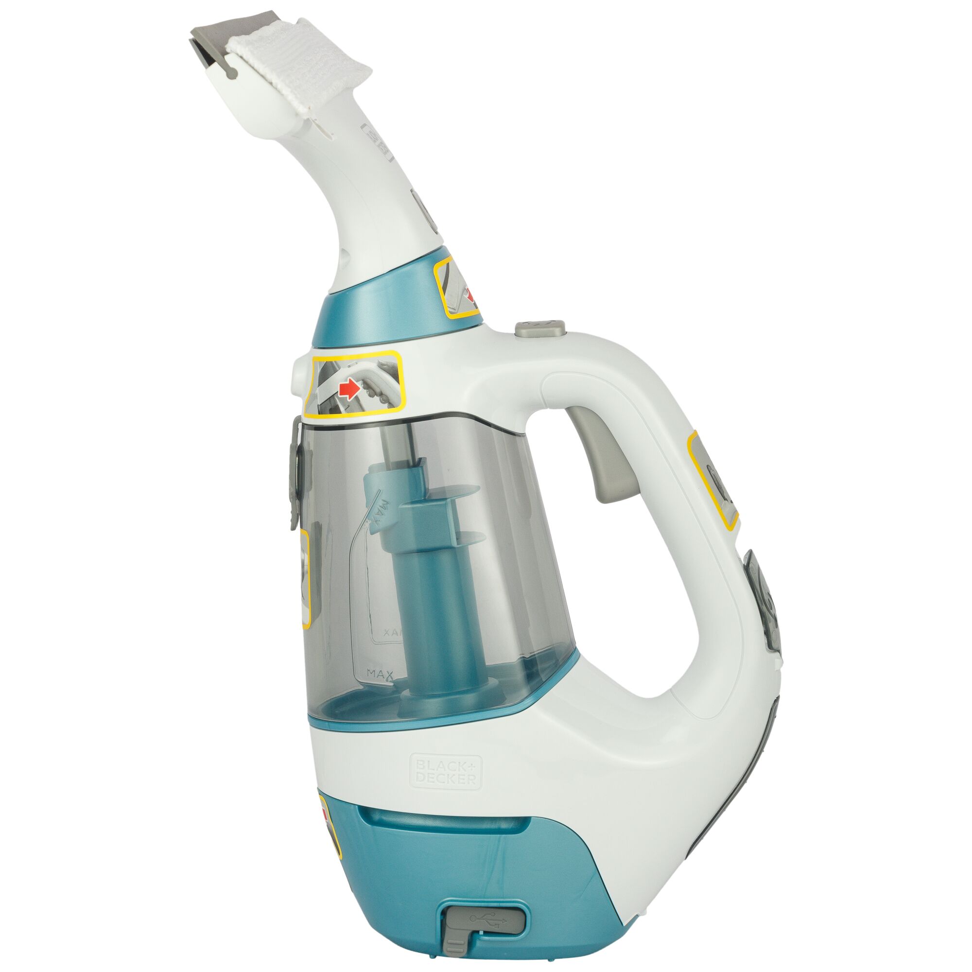BLACKDECKER WW100 handheld steam cleaner with blue accents, left side view, transparent water tank.