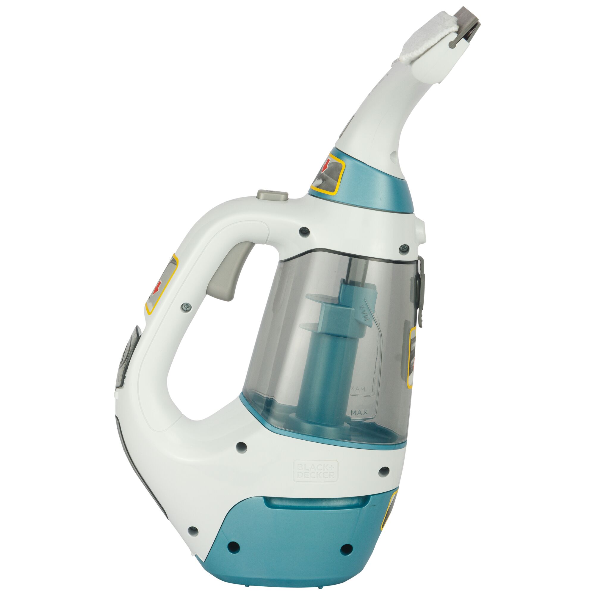BLACKDECKER WW100 handheld steam cleaner side angle, white and teal body, clear tank.