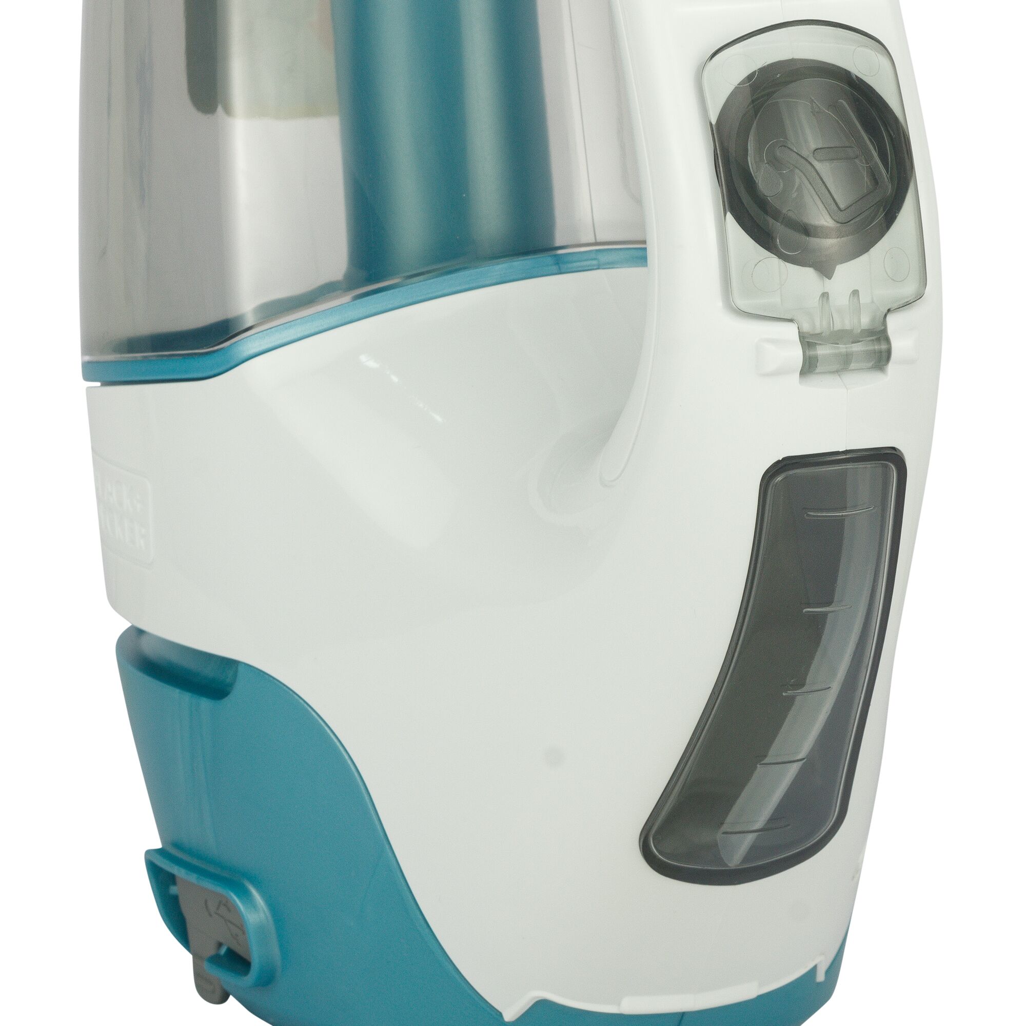 BLACKDECKER WW100 handheld cleaner, white and teal, close-up angle, showing water tank and control knob.