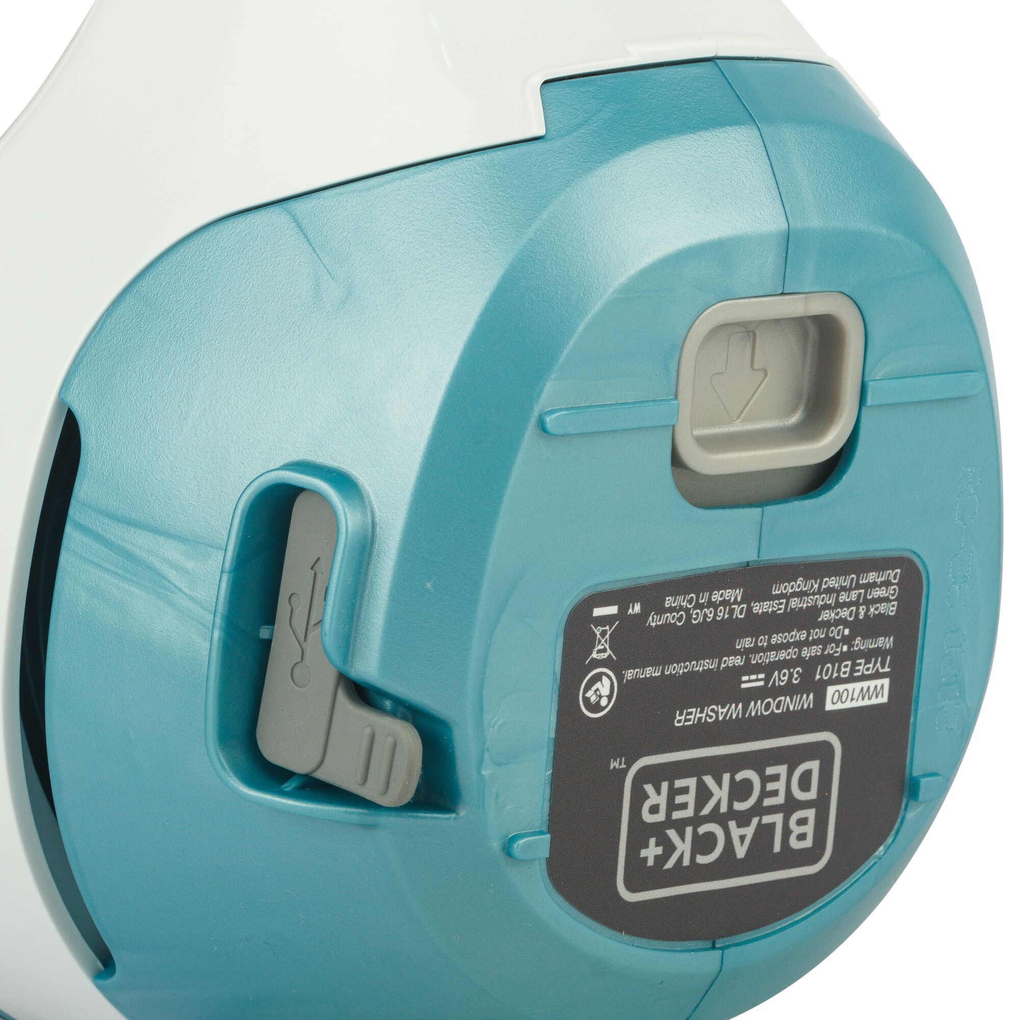 BLACKDECKER WW100 window washer close-up, showing blue and white casing and instructional label.