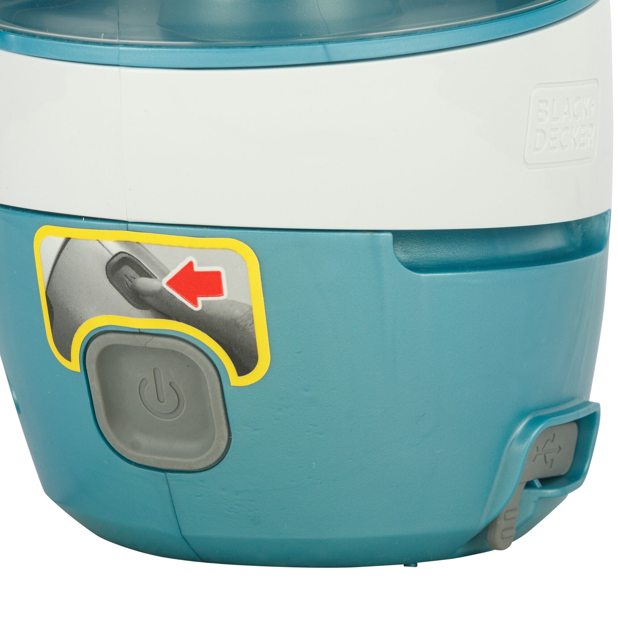 BLACKDECKER WW100 teal and white device front angle showing power button and instruction sticker.