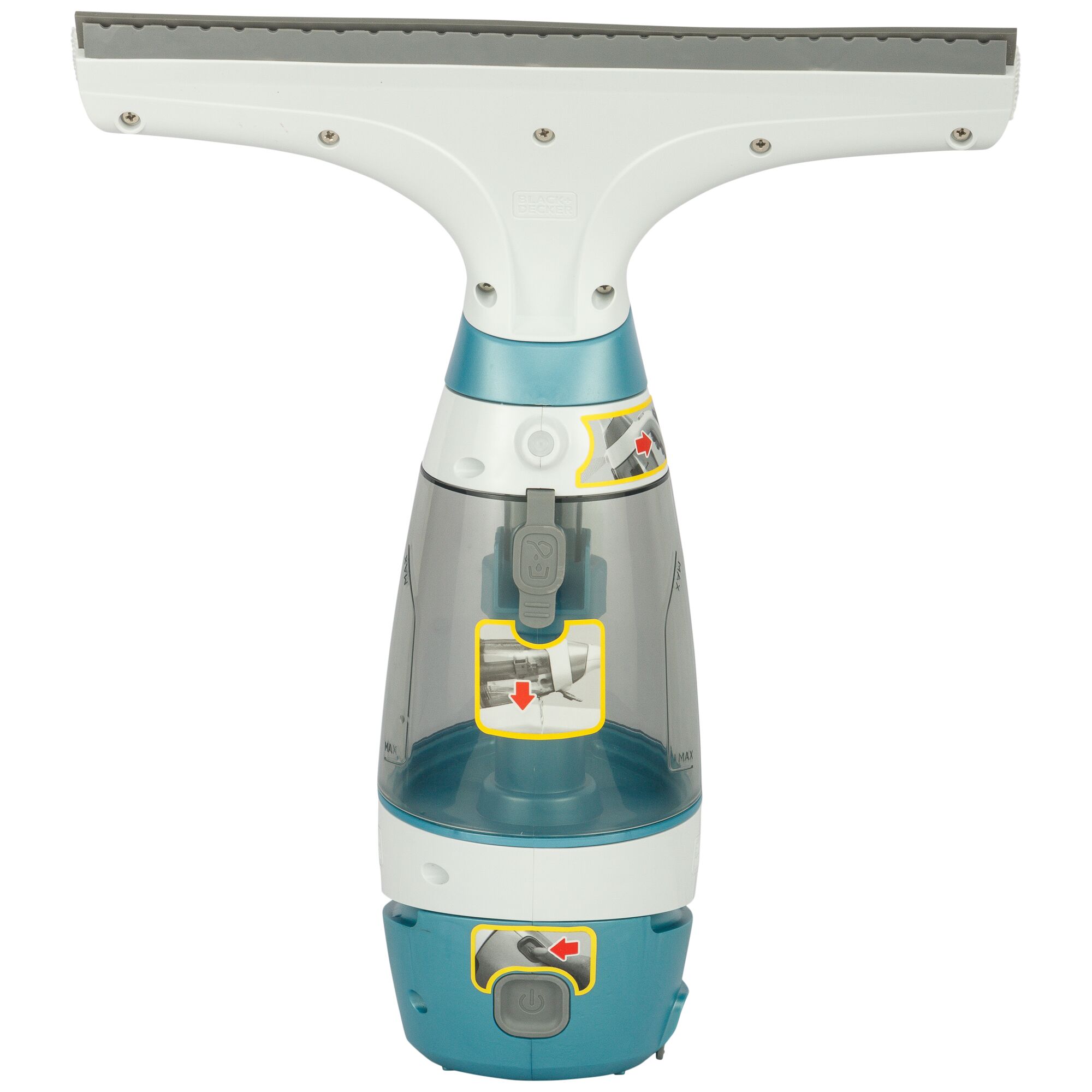 BLACKDECKER WW100 window vacuum cleaner, front angle, blue and white body with instruction stickers.