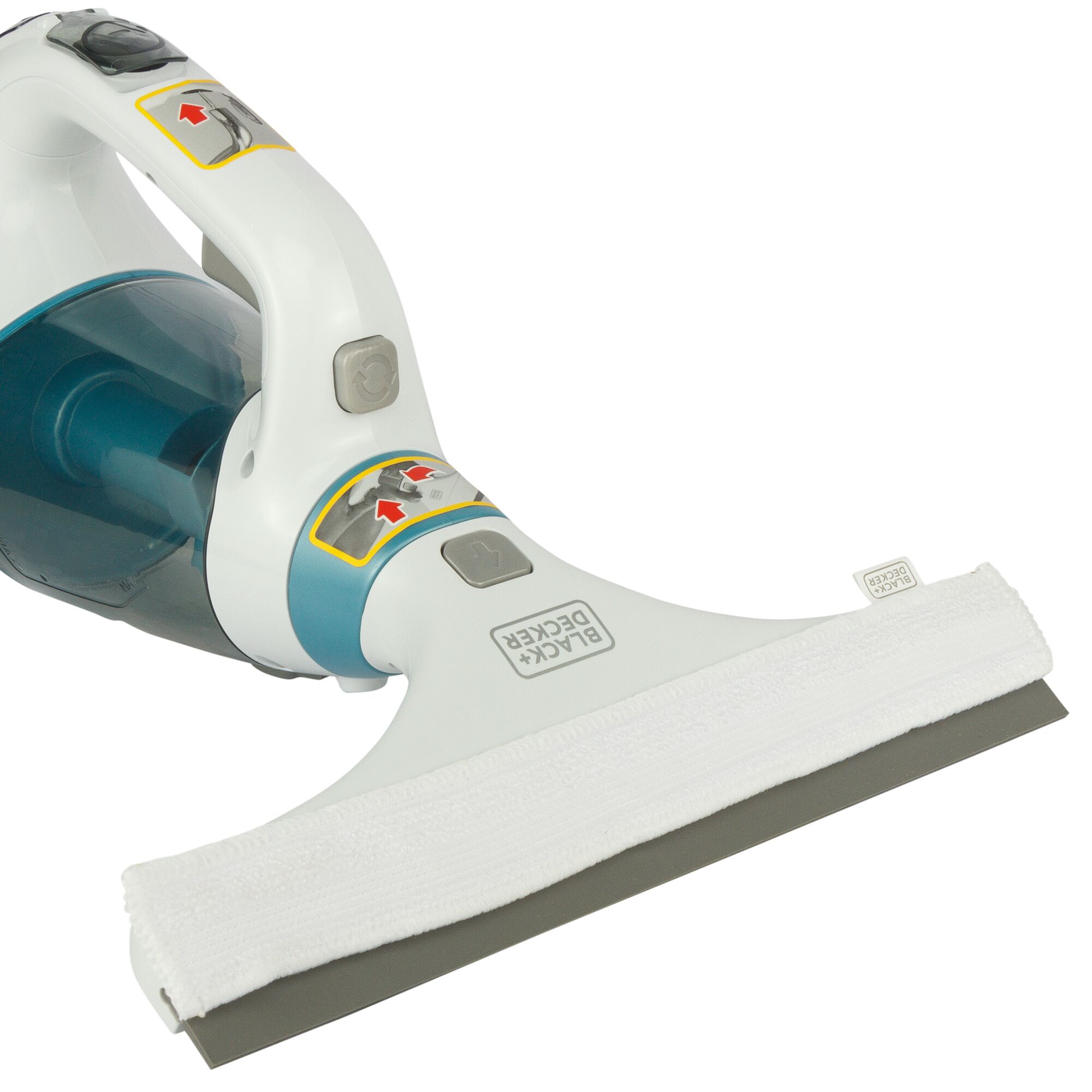 BLACKDECKER WW100 handheld window vacuum cleaner, white body, blue tank, front angle.