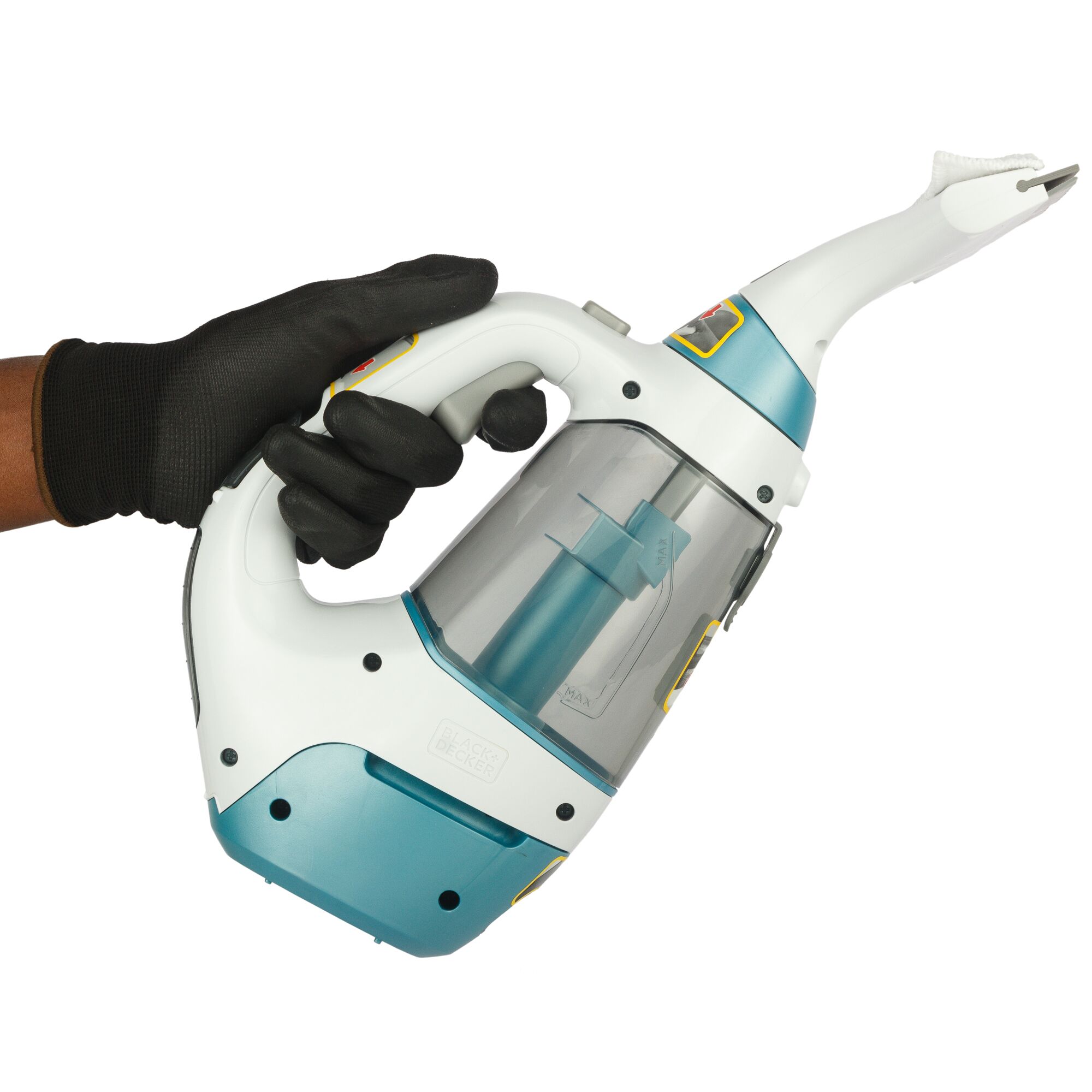 BLACKDECKER WW100 handheld vacuum cleaner with blue and white body, side angle, held by gloved hand.