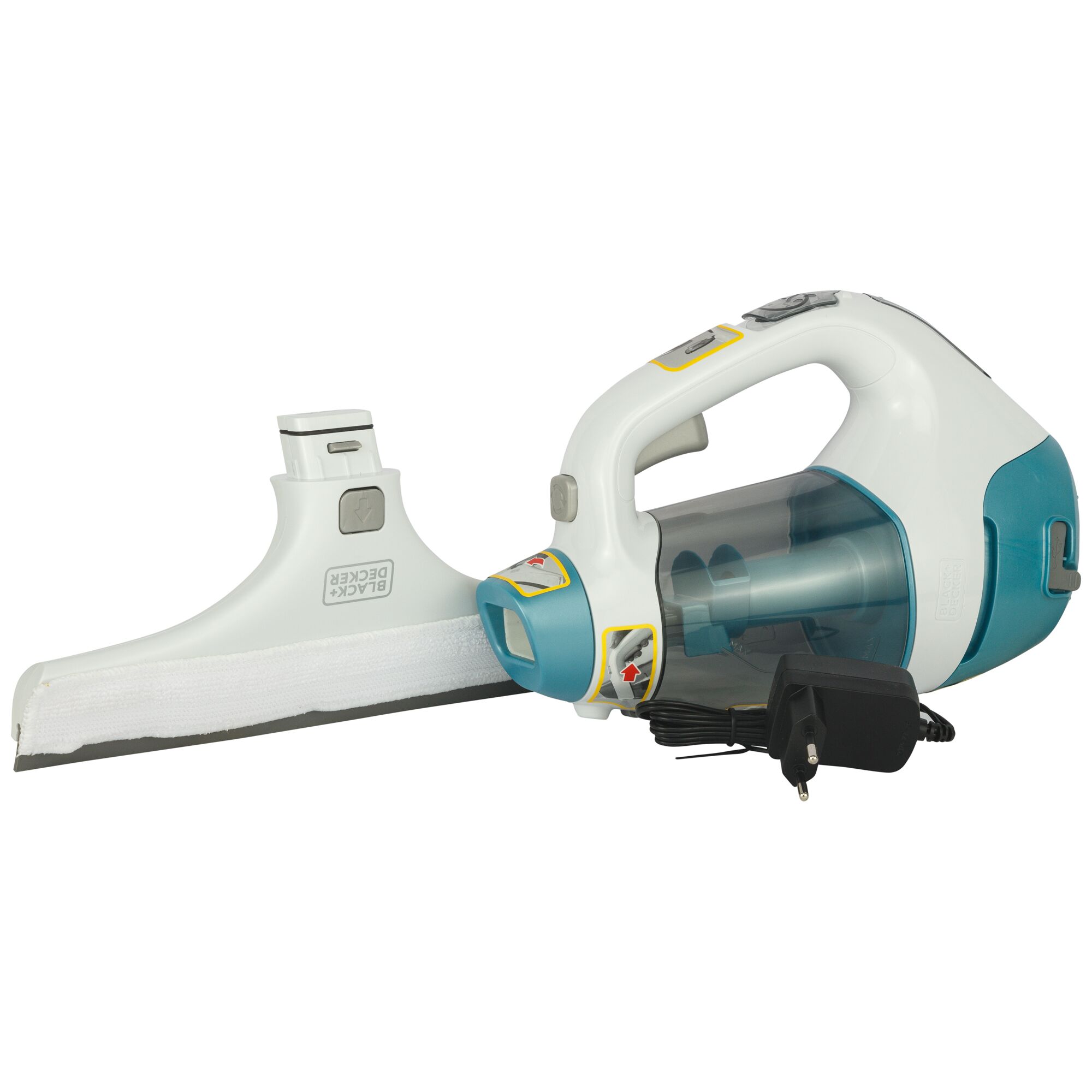 BLACKDECKER WW100 handheld window vacuum cleaner with charging adapter, side angle on white background.