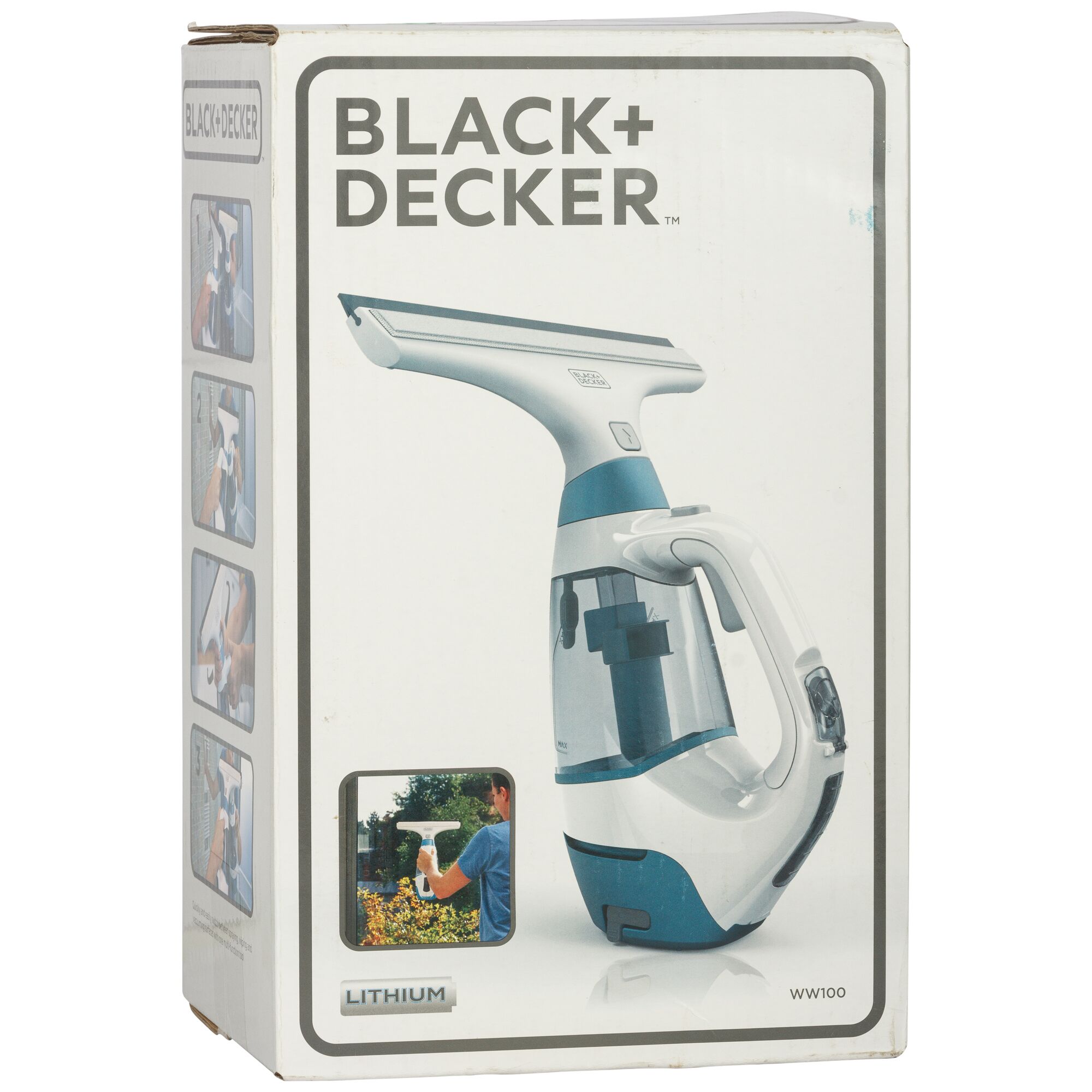 BLACK+DECKER WW100 window vacuum cleaner, white and blue, product packaging front angle.