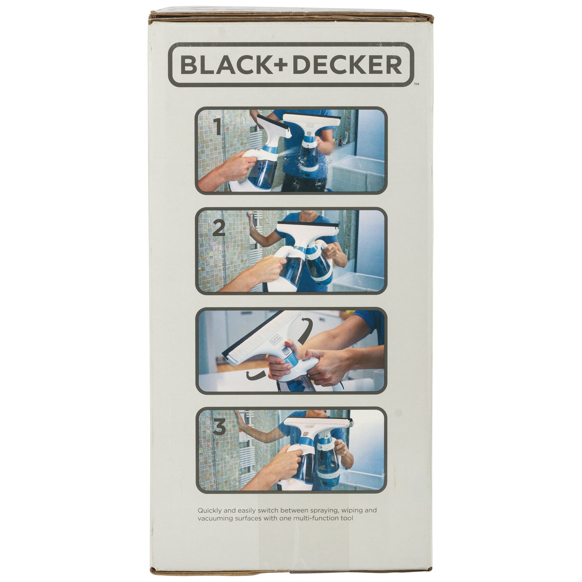 Photo of BLACK+DECKER WW100 packaging with step-by-step cleaning instructions for multi-function cleaning tool.