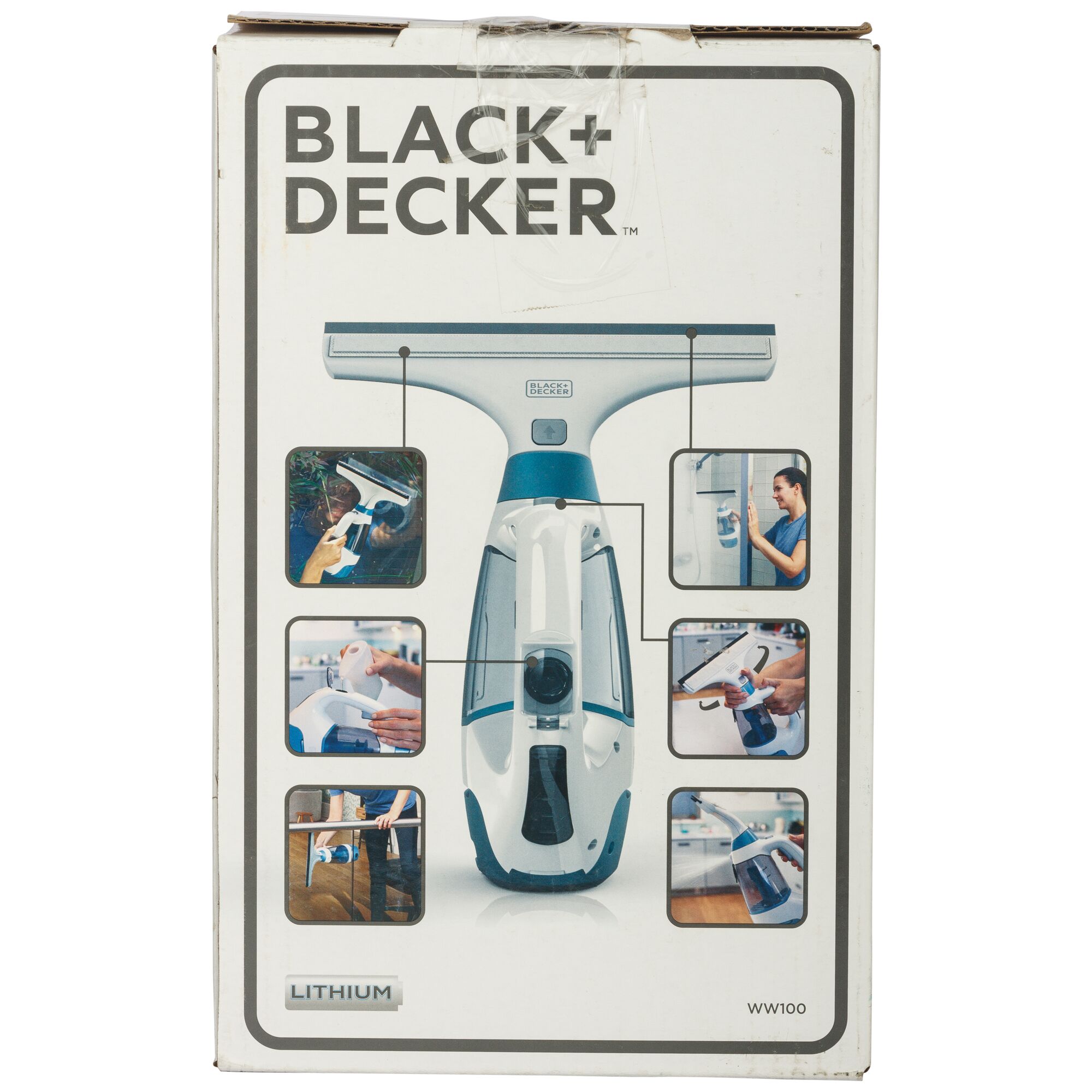 Photo of BLACK+DECKER WW100 lithium window vacuum cleaner box, showing product and usage scenes, front angle.