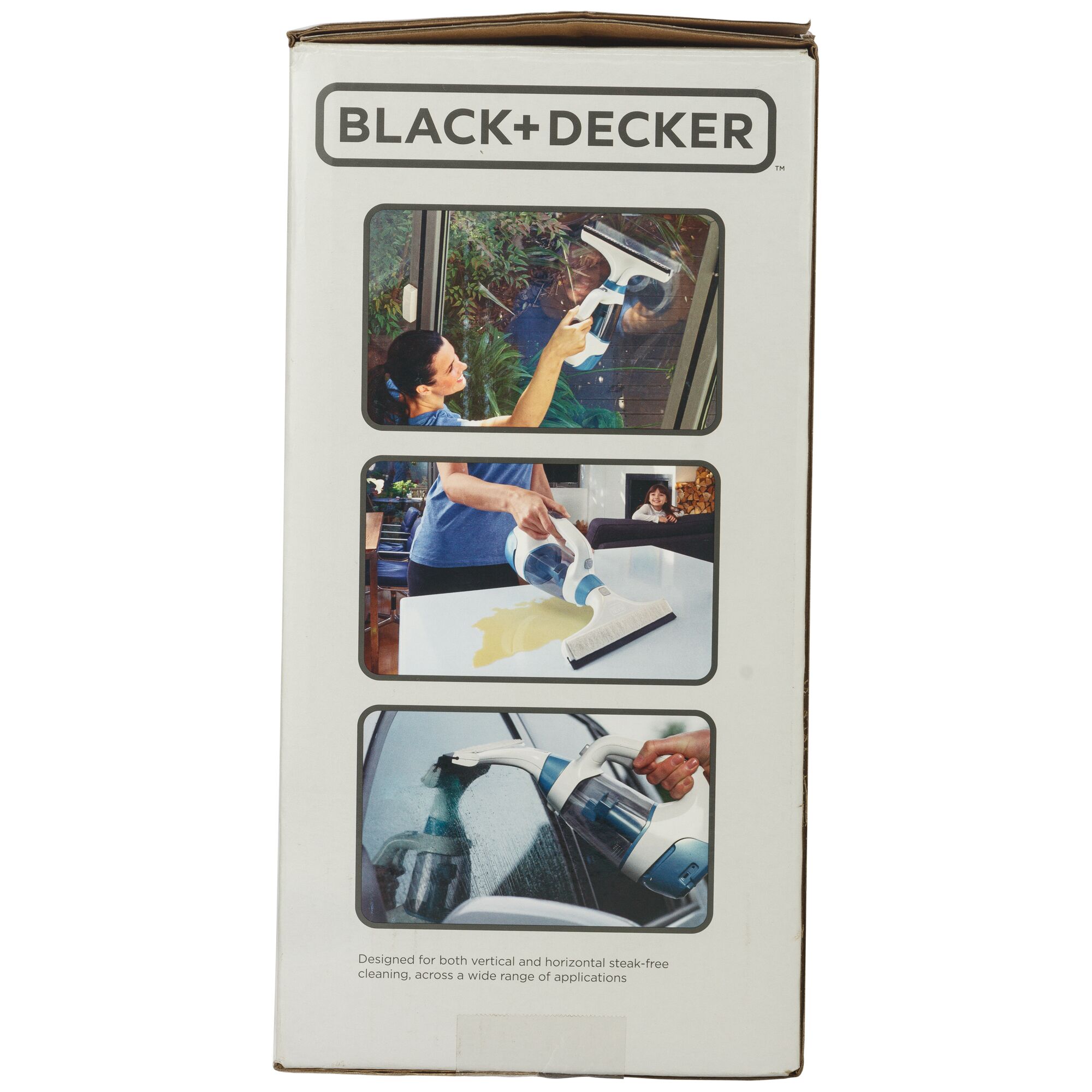 Photo of BLACK+DECKER WW100 window and surface cleaner shown cleaning glass, tabletop, and car window.